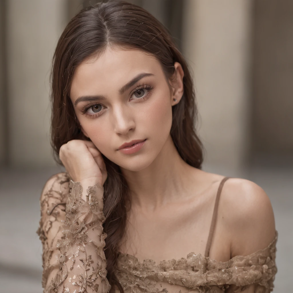Wide Premium Portrait Photography of a 25-year-old Turkish Model named Leyla, smoky-eyed gaze, Brown Brunette hair, Olive beige skin tone, Fashion designer, Wearing a futuristic NeoMorph Bodysuit, Hand-painted High-definition Facial Features, WLOP, In Different Poses, Cloudy Lighting, Razumov Konstantin, Vladimir Volegov, Award-winning photograph, Wide-Angle Full Shot, Captured by Agfa Vista 200
