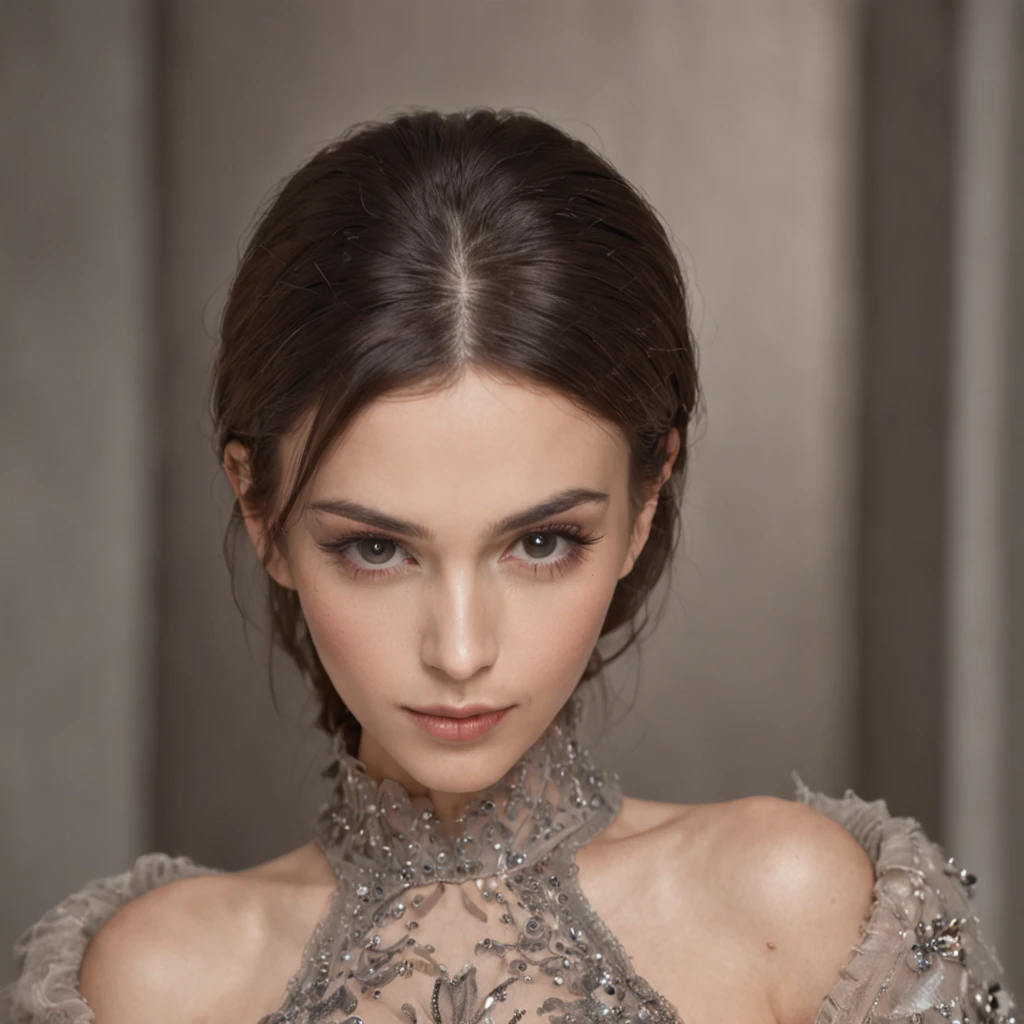 Foto RAW, Retrato completo comprimento de uma mulher inglesa com uma gargantilha ouro e diamante, retrato futurista da mulher, Imagem de Beautiful Sci - Menina Fi, Retrato de uma mulher sci - fi, Retrato do humanoide feminino, mulher futurista da moda, usando um vestido de renda vazada, Retrato Completo Suave Tiro 8 K, preto. cabelo detalhado, wearing steel collar, Portrait of a heroine, (longos cabelos roxos escuros), dark gothic makeup, Pale silver lipstick, cabelos longos, cristal durante, ((seio pequeno)), small glute, Women's Athletic Lean, Body, corpo inteiro detalhado, (s(eio pequeno levantado)), rosto perfeito, cabelo amarrado