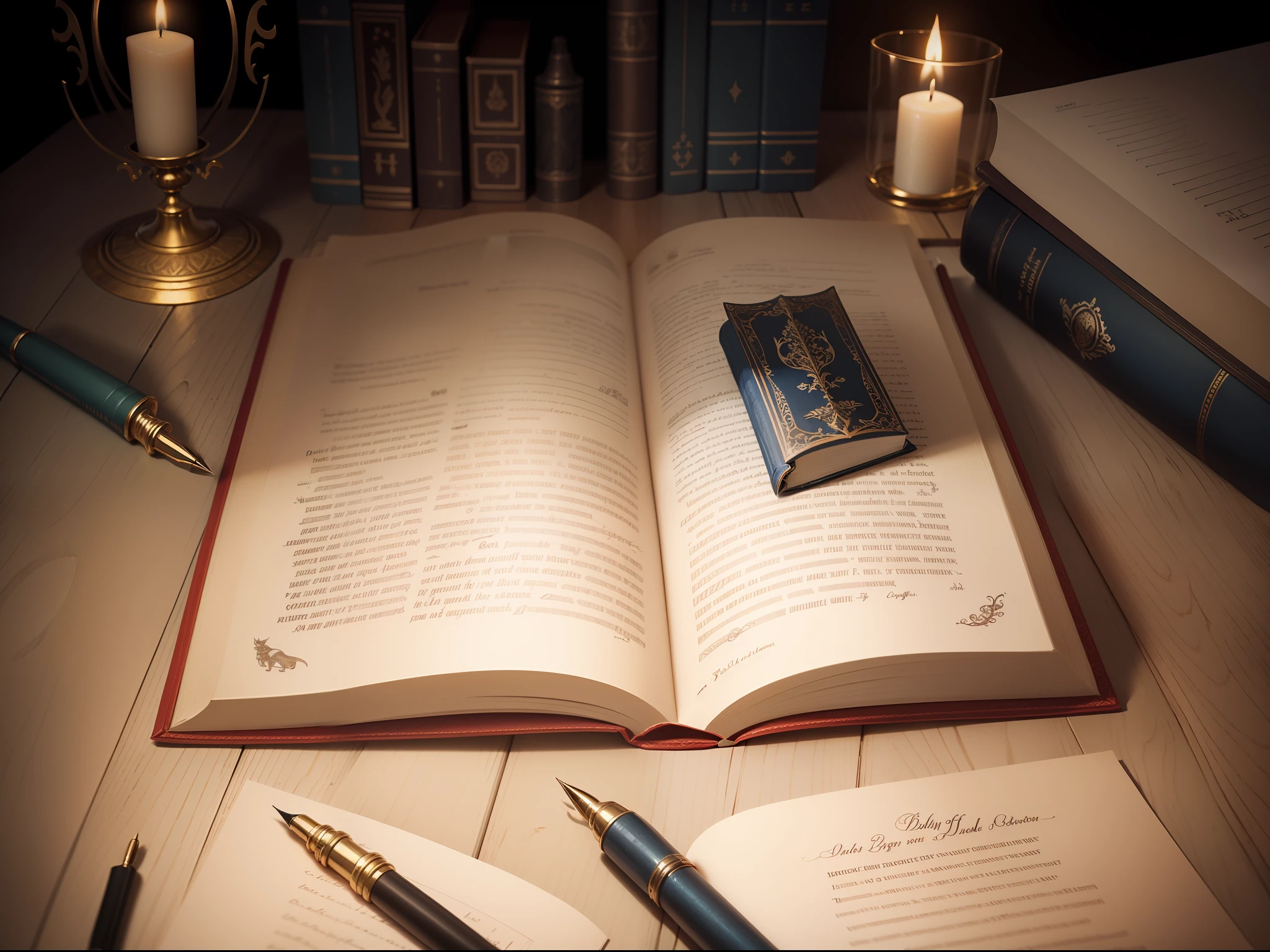 There is a book of the Bible with a pen and a candle on a table and pen on a table, fantasy book illustration, Detailed illustration of the old book, Renderizado em corona, daily render, realistic fantasy rendering, manuscritos e pergaminhos antigos sagrado