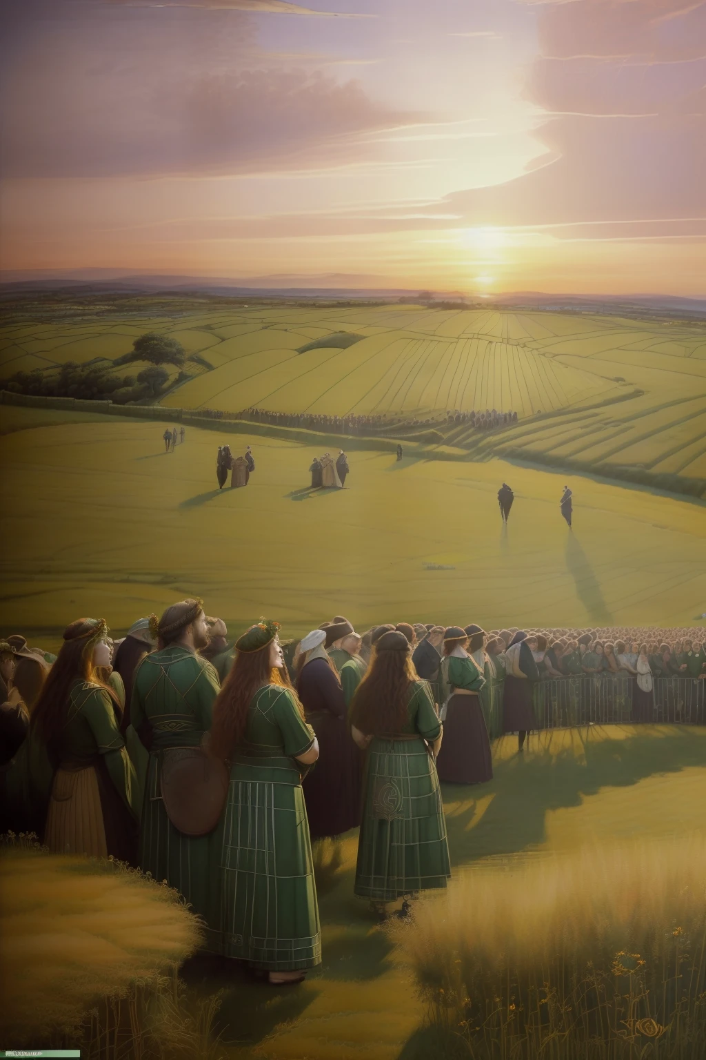 (((Celtic Pre-Raphaelite painting of the crowd and crowds working on the field, colheita de trigo, muitas pessoas, Camponeses celtas, Sunset, Campo de trigo, colheita, Campo de trigo)))