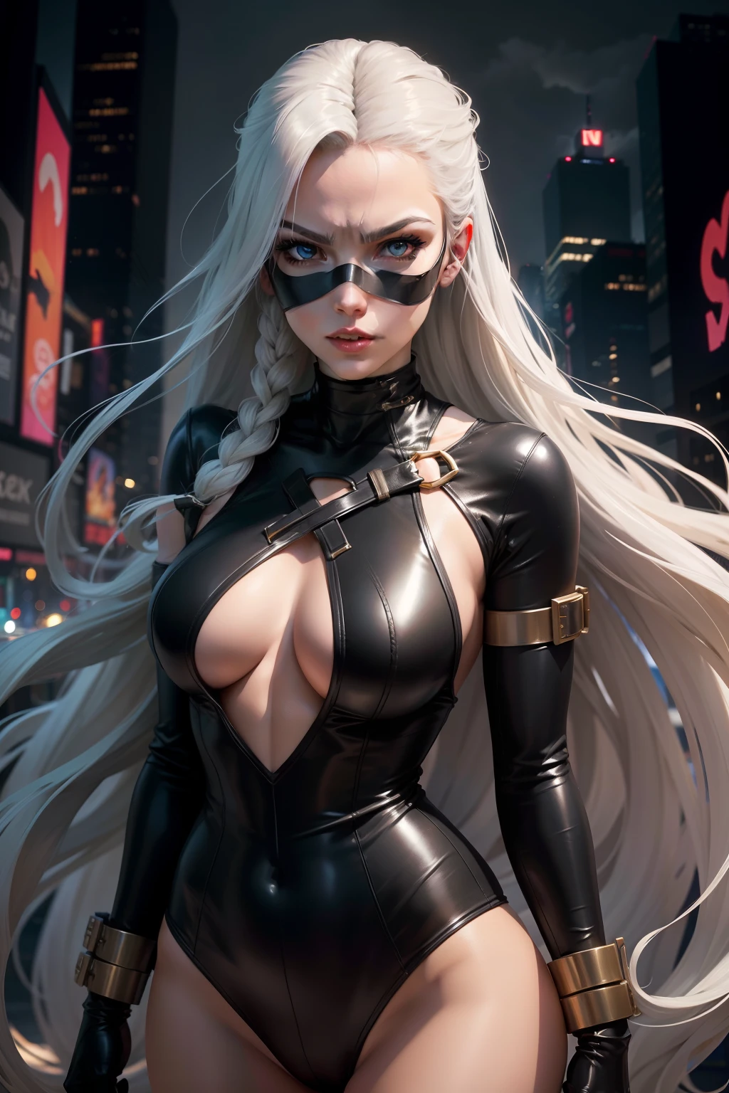 New York, Time Square Avenue, , V-waist, white feather cuffs, V-neck mid-tummy, beautiful known as Felicia Hardy Power Girl, long silver hair, black robin-style mask, Radiates energy in her iconic Shiny Black bodysuit PVC, white gloves with white feathers on the cuffs, endowed with superhuman strength and breathtaking vision; Her keen intellect and indomitable spirit drive her to uphold justice. The Power Girl costume, worn [is a symbol of her strength and commanding presence. With a bold design, it has a wide v-neckline to the waist, in shiny black PVC. the "cleavage" highlights her confidence. The combination of elegance and power in the costume reflects the heroine's fearless personality and superhuman ability, (best quality: 1.0), (Ultra Highres: 1.0), highly detailed face and eyes, (photorealistic: 1.2)