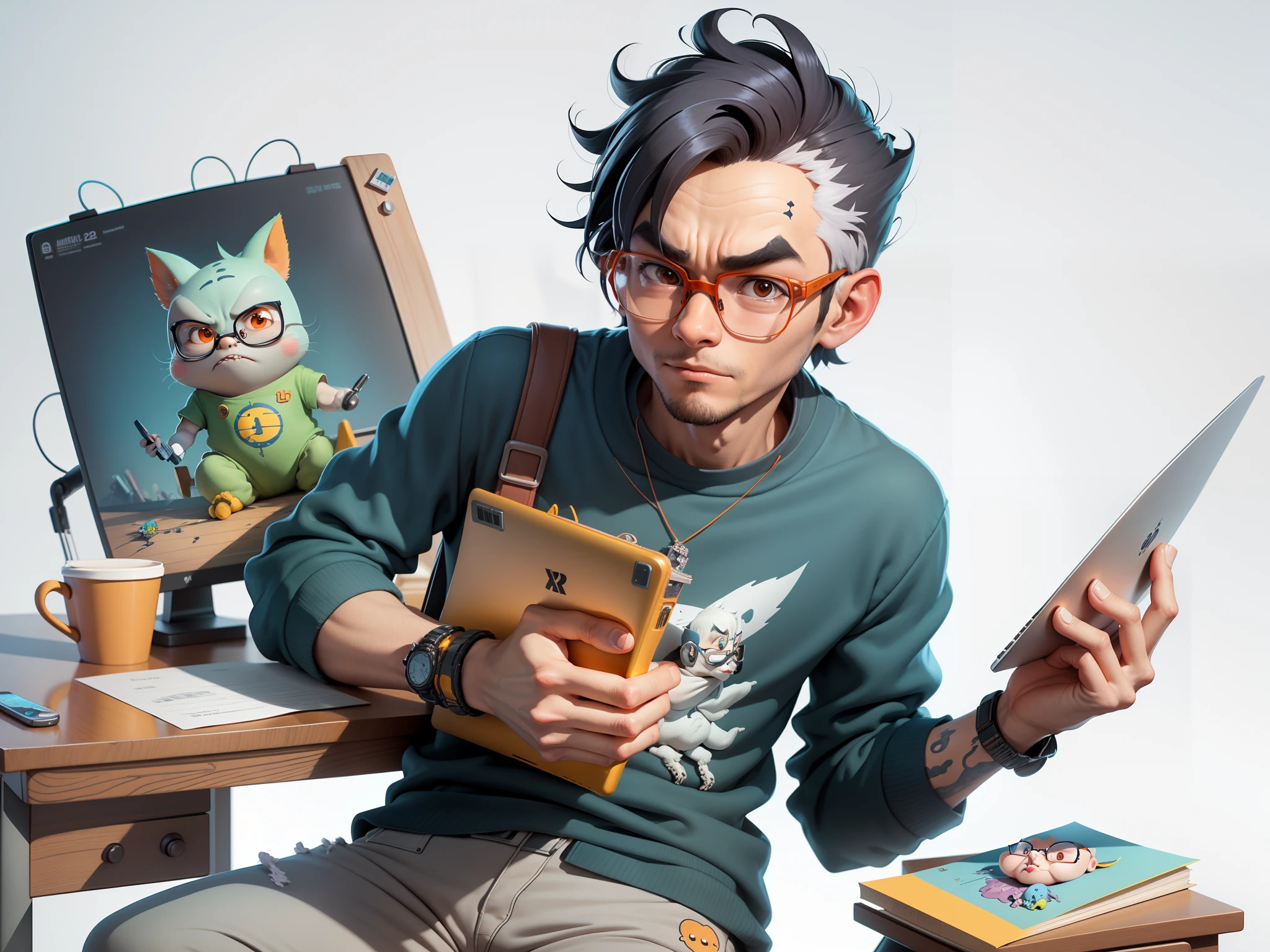 A young man with glasses sits at his desk，holding laptop，digitial painting，3D character design by Mark Clairen and Pixar and Hayao Miyazaki and Akira Toriyama，4K HD illustration，Very detailed facial features and cartoon-style visuals。