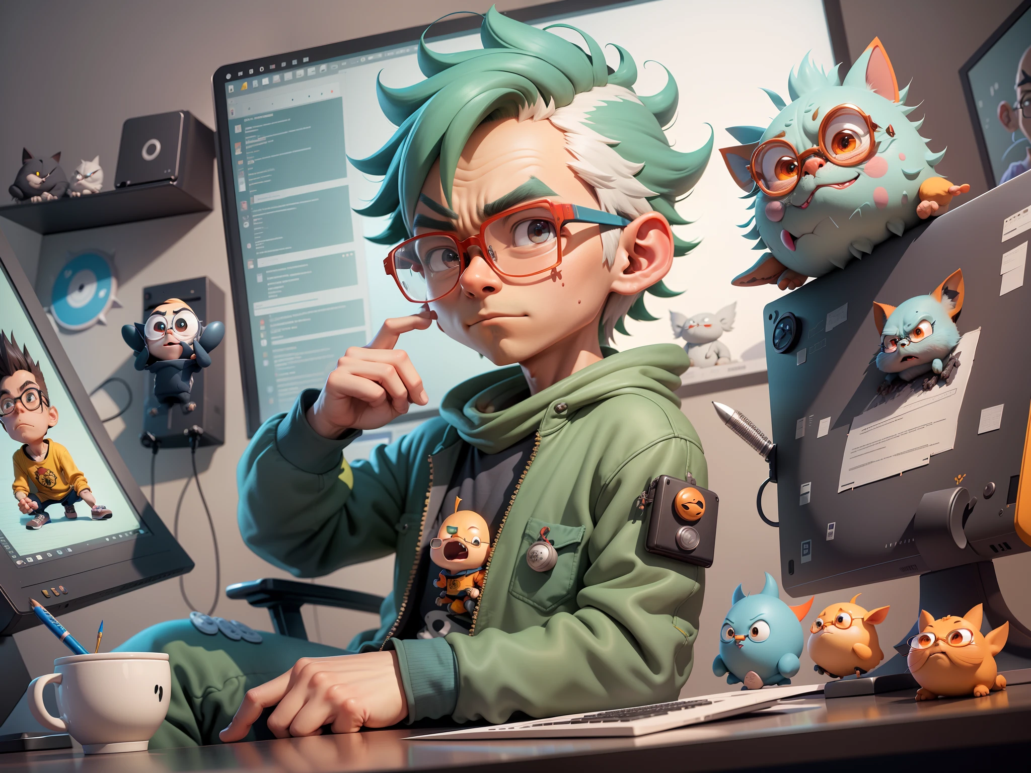 A young man with glasses sits at his desk,holding laptop,digitial painting,3D character design by Mark Clairen and Pixar and Hayao Miyazaki and Akira Toriyama,4K HD illustration,Very detailed facial features and cartoon-style visuals。