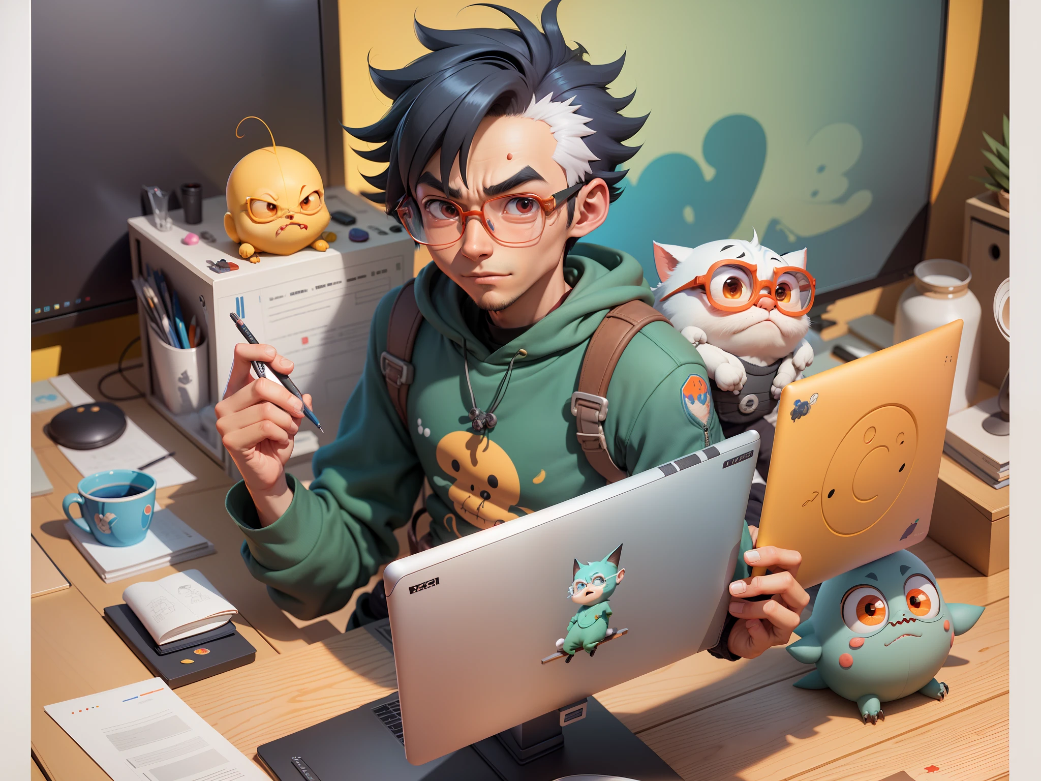A young man with glasses sits at his desk,holding laptop,digitial painting,3D character design by Mark Clairen and Pixar and Hayao Miyazaki and Akira Toriyama,4K HD illustration,Very detailed facial features and cartoon-style visuals。