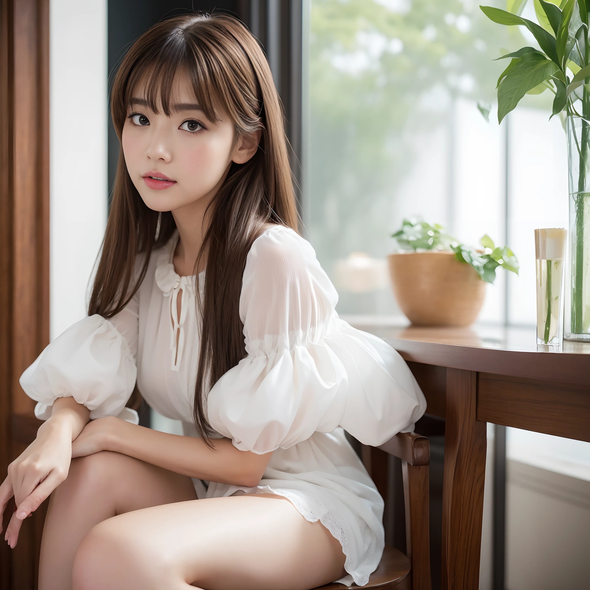 (masterpiece:1.2), (ultra-detailed:1.2), (perfect details), (extremely fine and beautiful:1.1), 
beautiful face, beautiful eyes, (detailed face, detailed eyes:1.2), detailed lip, shiny skin, oil skin, shiny hair, 
sense of depth, depth of field, (add layer:1.2), dynamic angle, scenery, 
BREAK 
dramatic lighting, volumetric lighting, golden hour, sunlight, 
a cute girl, 1girl, solo, brown hair, french braid, bangs, medium hair, blue eyes, 
BREAK
panty, white dress, puffy sleeves, short sleeves, 
blush, (embarrassed), (panty pull:1.3), 
BREAK 
(kawaii:1.2), (sexy:1.3), 
BREAK 
indoor, office, table, desk, note, books, chair, display, note pc, desktop pc, window,