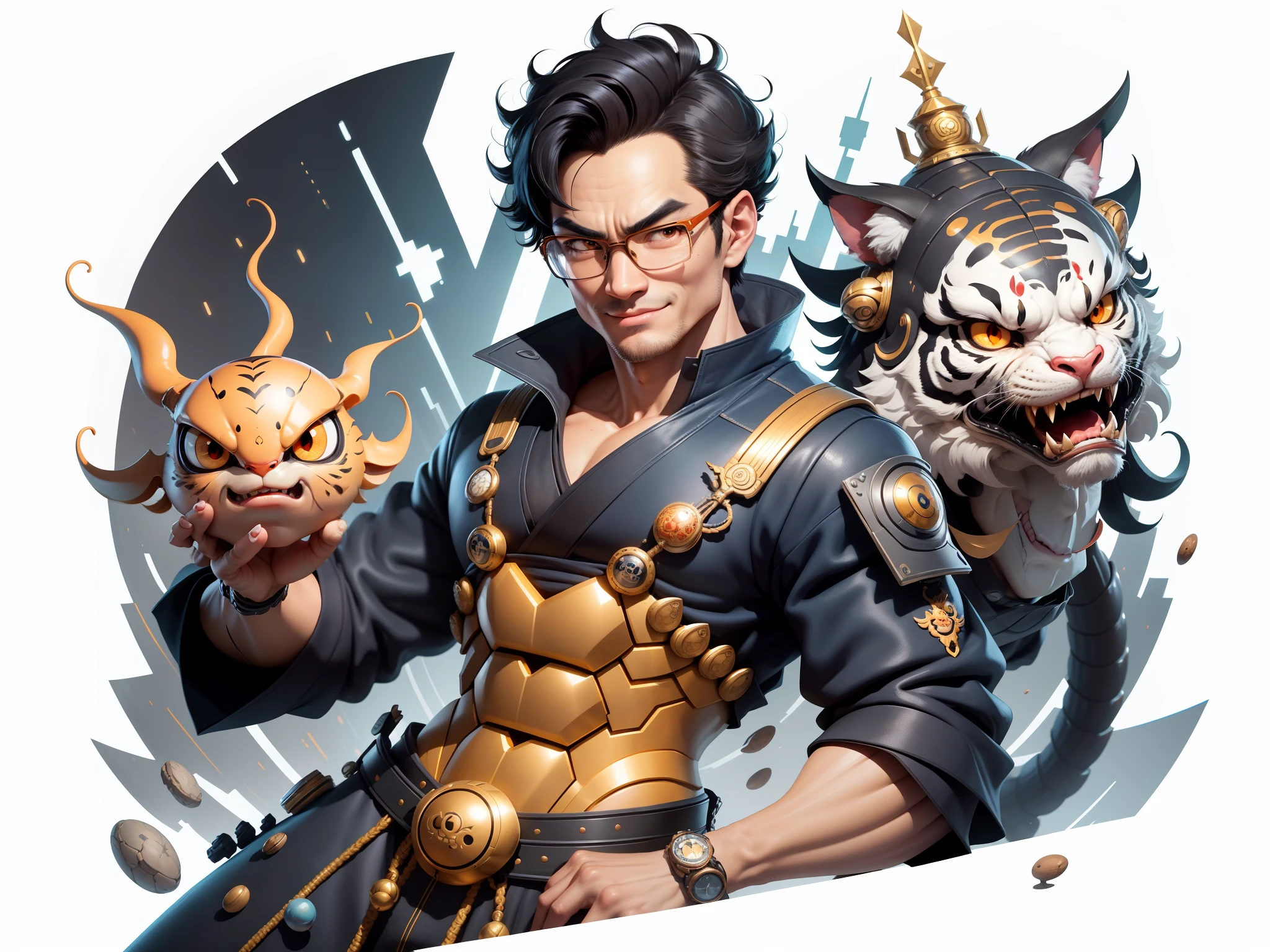 (Masterpiece), (Excellent), (Super Meticulous), (Full Body: 1.2), Super Young Man with Japanese Female Geisha, Pretty, Beautiful, Chinese Dragon, Tiger, Wind God Thor, Sexy, Bursting, Oriental Face, TV Anchor, Bust Portrait Illustration, Black Suit, Blue Tie, Slightly Chubby Face, Silver Glasses, Very Clean Face, No Beard on Chin, Black Super Short Hair, Black Eyes, Confident Smile, 3c Computer Sub-Products, iPad, iPhone, Digital Painting, 3D character design by Mark Clairedon and Pixar and Hayao Miyazaki and Akira Toriyama, the illustrations are HD illustrations in 4K resolution with highly detailed facial features and cartoon-style visuals.