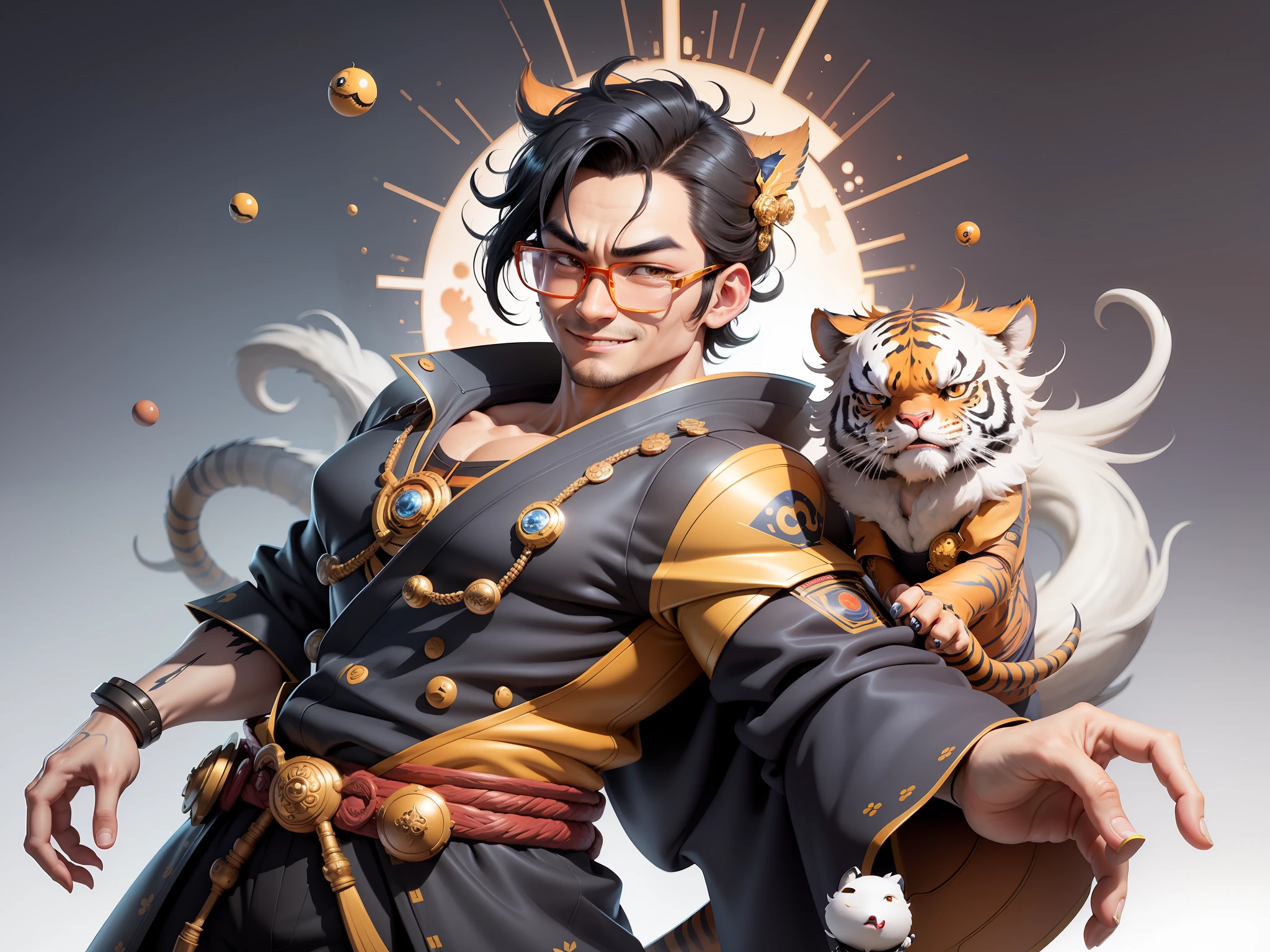 (Masterpiece), (Excellent), (Super Meticulous), (Full Body: 1.2), Super Young Man with Japanese Female Geisha, Pretty, Beautiful, Chinese Dragon, Tiger, Wind God Thor, Sexy, Bursting, Oriental Face, TV Anchor, Bust Portrait Illustration, Black Suit, Blue Tie, Slightly Chubby Face, Silver Glasses, Very Clean Face, No Beard on Chin, Black Super Short Hair, Black Eyes, Confident Smile, 3c Computer Sub-Products, iPad, iPhone, Digital Painting, 3D character design by Mark Clairedon and Pixar and Hayao Miyazaki and Akira Toriyama, the illustrations are HD illustrations in 4K resolution with highly detailed facial features and cartoon-style visuals.
