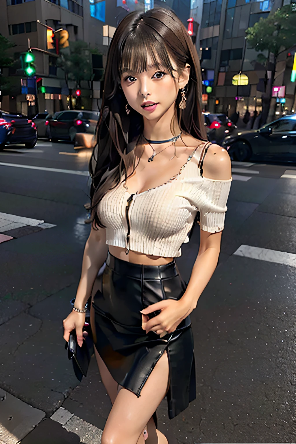 (top-quality、in 8K、Photorealsitic:1.6、超A high resolution)、surrealistic、natta、Natural light、1little girl、24 year old、Height 1.7m、delicated face、Beautiful Japan model、(smaller face:1.4)、Brown eyes、An ultra - realstic face、Slender style、Dynamic angles、dynamicposes、(Yuki's Face)、Gorgeous long-haired、Beautiful wavy brown hair、(Smaller chest;1.4)、(narrow waists:1.2)、Thin leg、long legged、Fashionable、(white extremely short cropped tops,)、(((Neon colored sheer three-quarter sleeve cardigan、Black long pencil skirt up to the ankles、Slit to the groin)))、High Heel Ribbon Sandals、Naughty smile、full bodyesbian、Stick out your tongue、Lick your own fingers、Ecstatic look、View here、(((Neon colored panties)))、crouching down、Hands on the floor、、lpskirt、short_lpskirt、medium_lpskirt、long_lpskirt、longest_lpskirt、latex_lpskirt、leather_lpskirt、cotton_lpskirt、high_waist_lpskirt、zipper_lpskirt、 laced_lpskirt、flared_lpskirt、side_slit_lpskirt、front_slit_lpskirt、back_slit_lpskirt、hobble_lpskirt