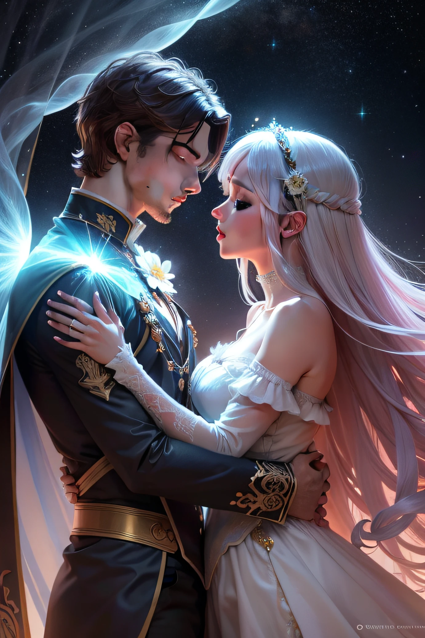 mystical, mithologic, esoteric, book cover for archetype of Love, couple smiling, caucasian, white people, cute faces, smooth faces, smooth silky skin, gold and pink accent colors. dark starry night as background. theme is love life. no text, no words