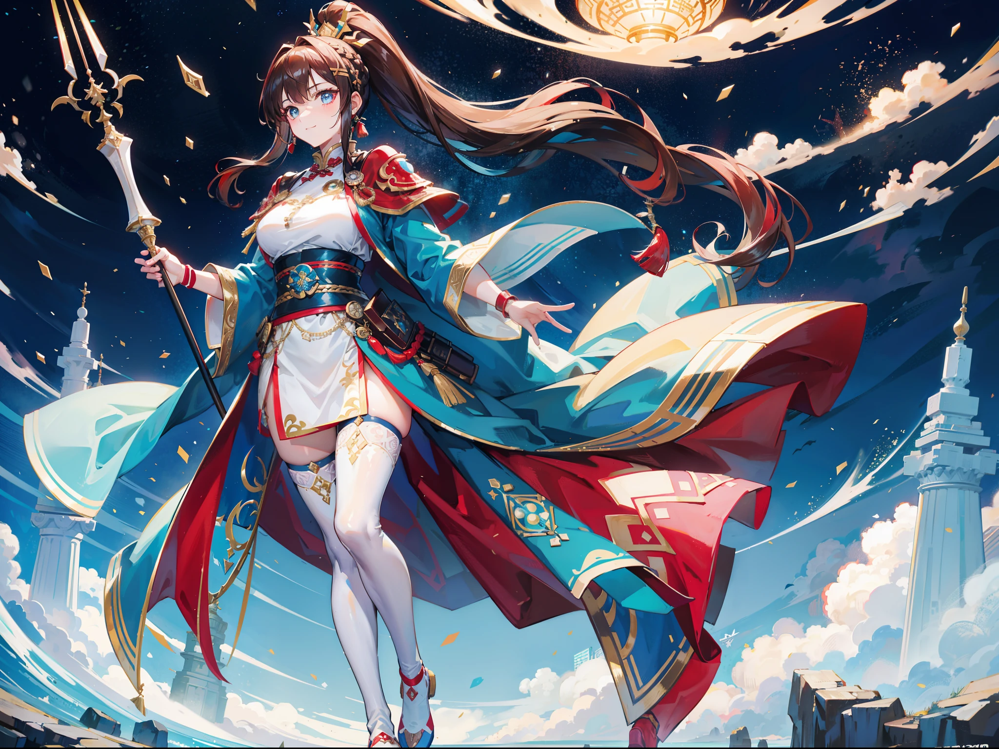 Brunette beauty，High ponytail，Soaring braids，Wears a red hairpin，，Brown pupils，Wearing black underwear，Wear a long blue-blue cloak，Chinese style blue armor，white sash，white stockings，Gold crystal shoes，Holding a white and cyan spear，Military general，Extremely tall，Stand in a radiant ancient wonderland，With a big smile on your face，Full body photo，Antique theme，Extremely tall