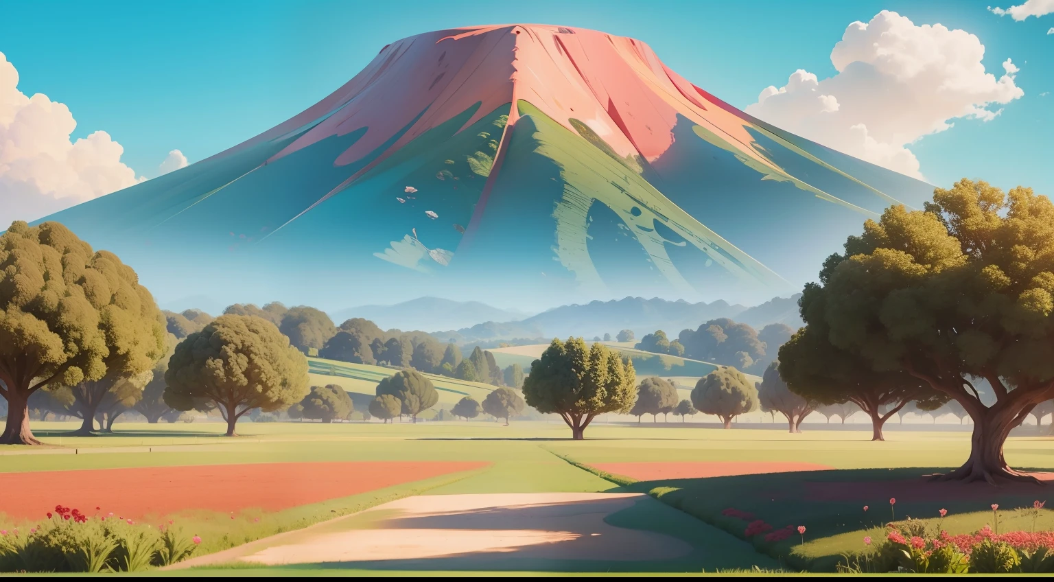 campo de Morango com muitos morangos, dia ensolarado, Image taken from the ground , alta qualidade , imagem bonita , Estilo Disney Pixar
