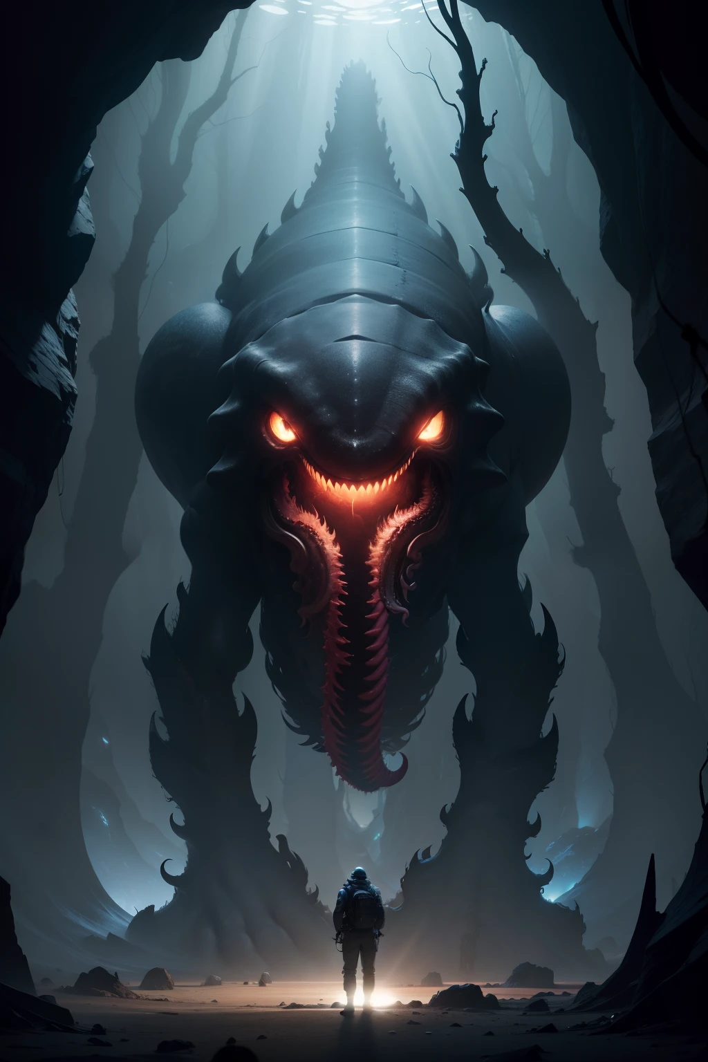 "Unfathomable Abyss": A team of researchers exploring underground caves discovers a colossal creature, with gleaming eyes and tentacles extending to capture its prey.