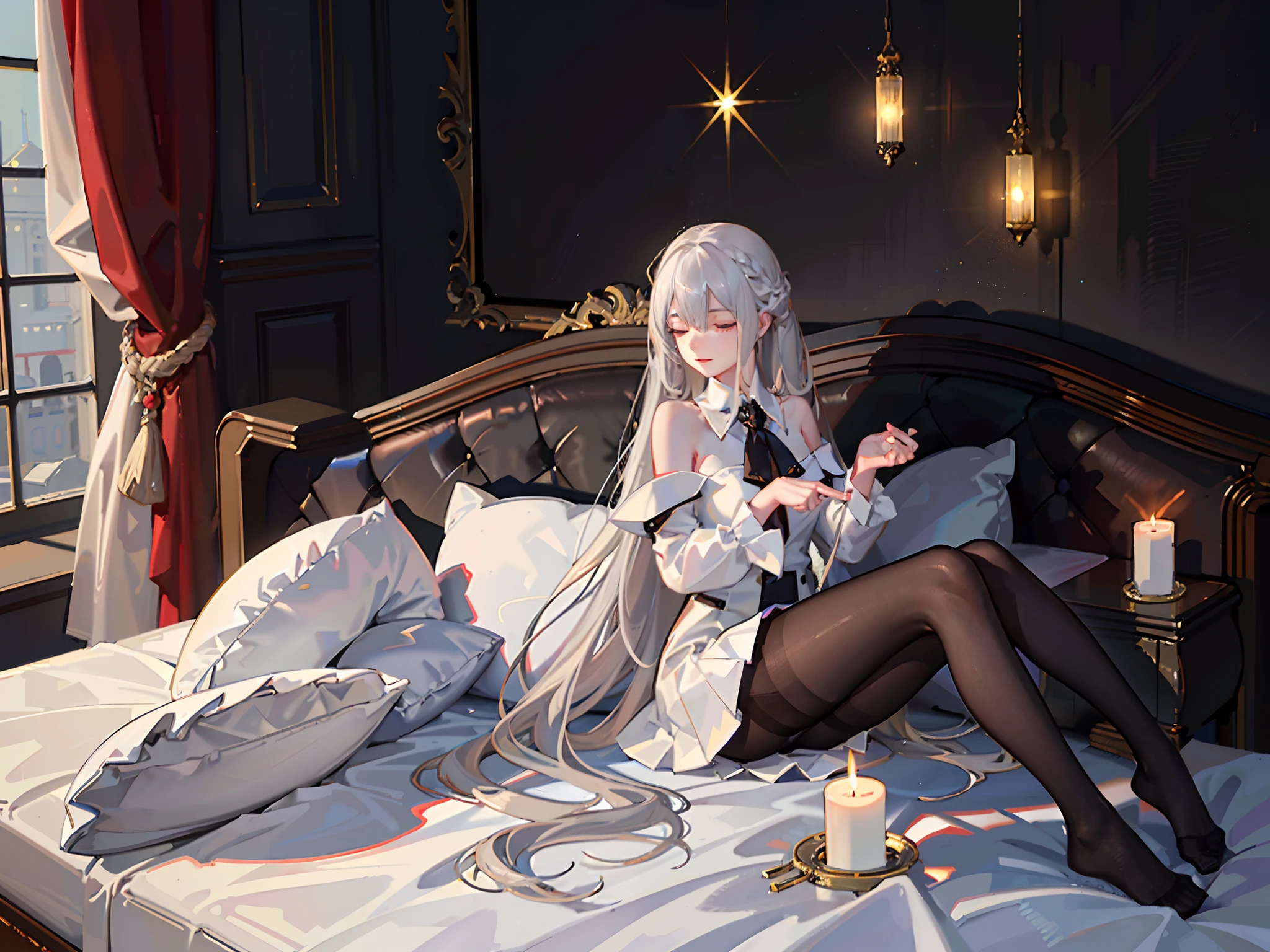 Spread your legs，symetrical composition，s girl，adolable，is shy，ssmile，Close your eyes slightly，White shoulder-length hair，Hairline，Be red in the face，Correct limbs，Right legs，Oily black stockings，Oily white stockings，Classical style red wall，Correct limbs，Short shoulder-length white hair:4，waxy candles:3，Red bedroom:3，Black bed:3，Natural light，窗帘，Ambient(((Half naked anime girl lying on sofa undressing with her hands，，Hands on the upper and lower legs of the naked body，black uniforms，black reotard，Primetime light and shadow black pantyhose)),Ray tracing,(Dim lighting，luz de velas，waxy candles),[Detailed background (Bedroom)),((Silver hair)),((Dark hair)),(((Fluffy silver hair, plump and slender girl)))golden hair，Golden Eyes Avoid seeing golden eyes in an ominous bedroom ((((Girl in white shirt, Take off your black crinkled skirt，Prime hour light and shadow，