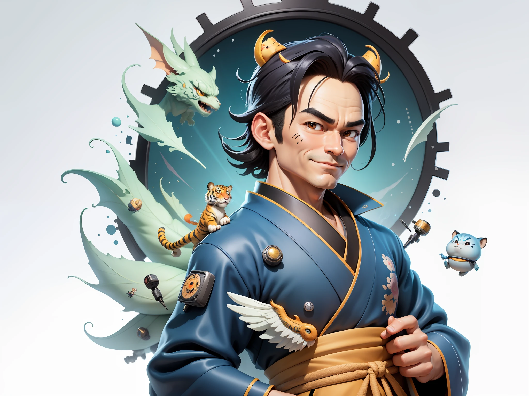 (Masterpiece), (Excellent), (Super Meticulous), (Full Body: 1.2), Super Young Man with Japanese Female Geisha, Beauty, Chinese Dragon, Tiger, Wind God Thor, Sexy, Bursting, Oriental Face, TV Anchor, Bust Portrait Illustration, Black Suit, Blue Tie, Slightly Chubby, Very Clean Face, No Beard, Black Super Short Hair, Black Eyes, Confident Smile, 3c Computer Sub-Products, iPad, iPhone, Digital Painting, 3D Character Design by Mark Claireden and Pixar and Hayao Miyazaki and Akira Toriyama, The illustration is a high-definition illustration in 4K resolution with very detailed facial features and cartoon-style visuals.