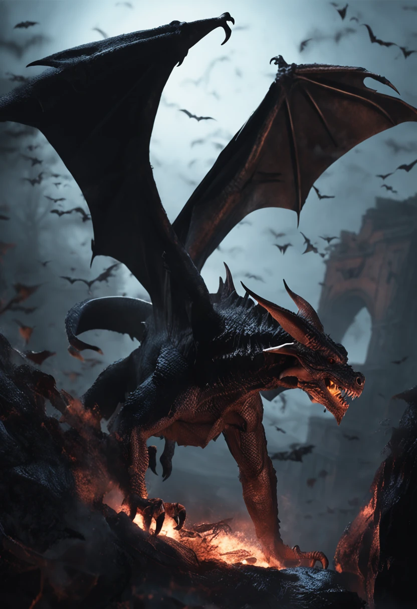 the bats, Dragon wings, dark and mysterious atmosphere, A, High-quality illustration, incredibily detailed, vivd colour, textures true to reality, Dramatic lighting effects, A strong expression of the characters, Dynamic movements, Desolate atmosphere, Emotions at your fingertips