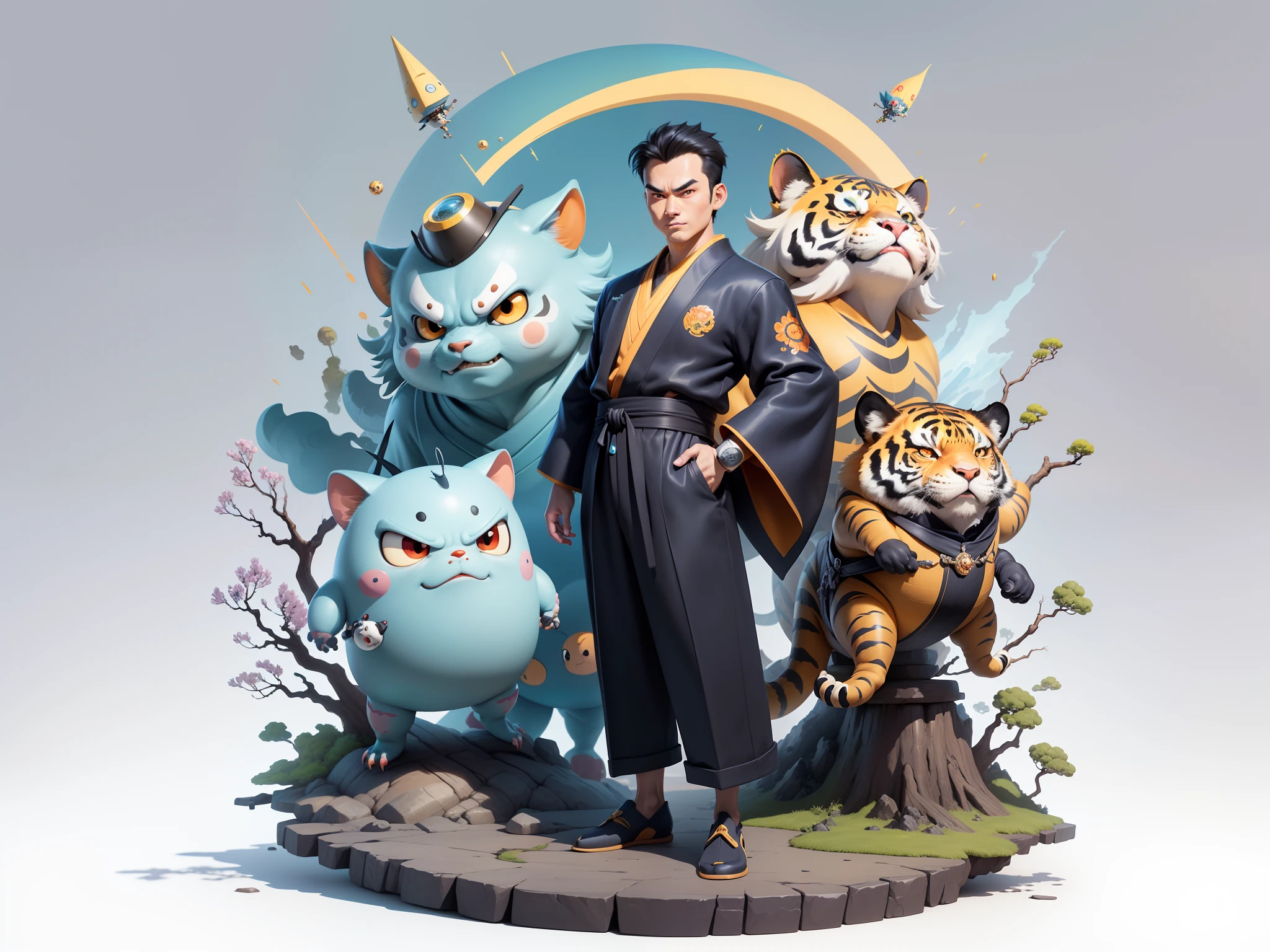 (Masterpiece), (Excellent), (Super Meticulous), (Full Body: 1.2), Super Young Man, Oriental Face, Japanese Kimono, Japanese Wind Thunder God, Dragon, Tiger, TV Anchor, Bust Portrait Illustration, Alone, Black Suit, Blue Tie, Slightly Chubby Face, Very Clean Face, No Beard, Black Super Short Hair, Black Eyes, Confident Smile, 3c Computer Sub-Products, iPad, iPhone, Digital Painting, 3D Character Design by Akira Toriyama and Mark Claireden and Pixar and Hayao Miyazaki, The illustration is a high-definition illustration in 4K resolution with very detailed facial features and cartoon-style visuals.