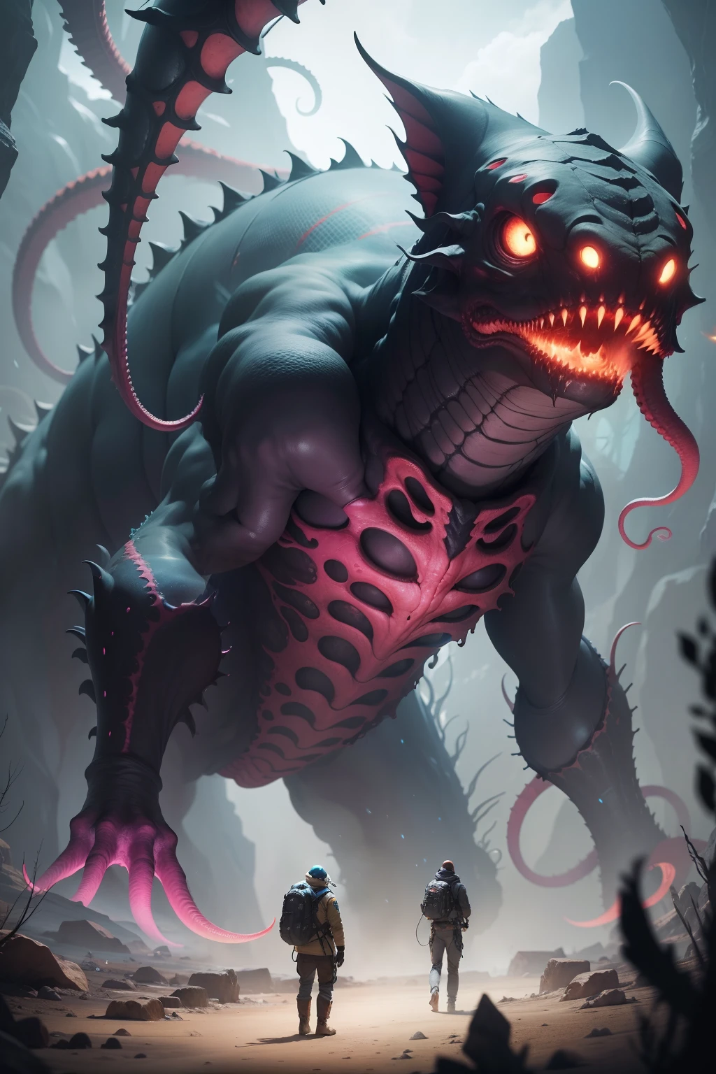 "Unfathomable Abyss": A team of researchers exploring underground caves discovers a colossal creature, with gleaming eyes and tentacles extending to capture its prey.