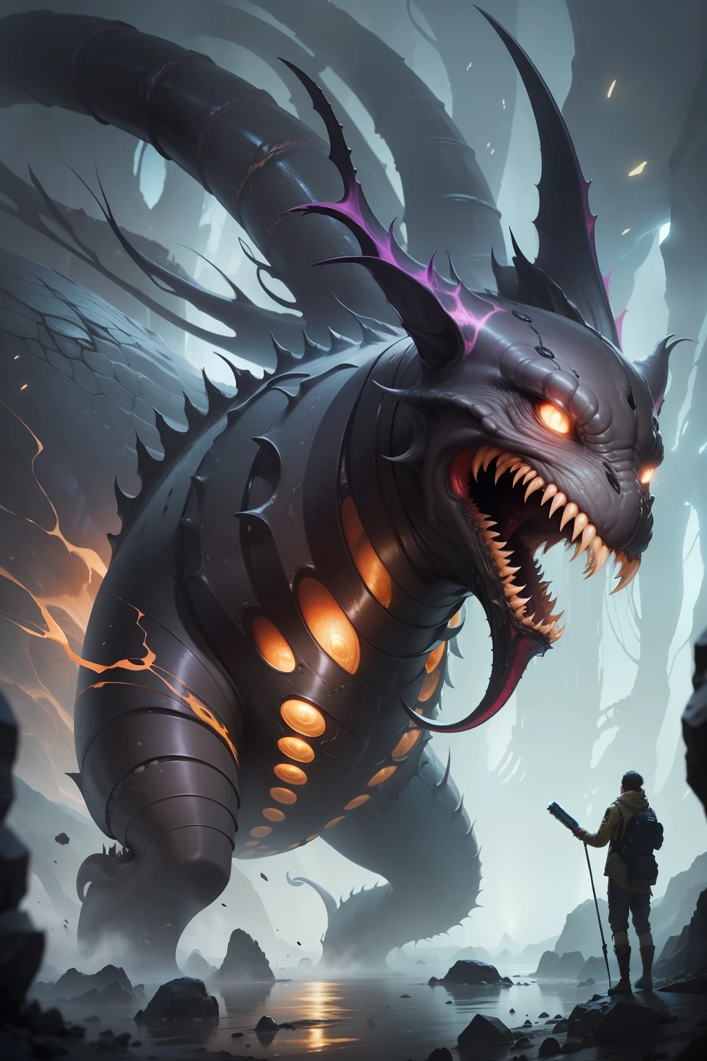 "Unfathomable Abyss": A team of researchers exploring underground caves discovers a colossal creature, with gleaming eyes and tentacles extending to capture its prey.