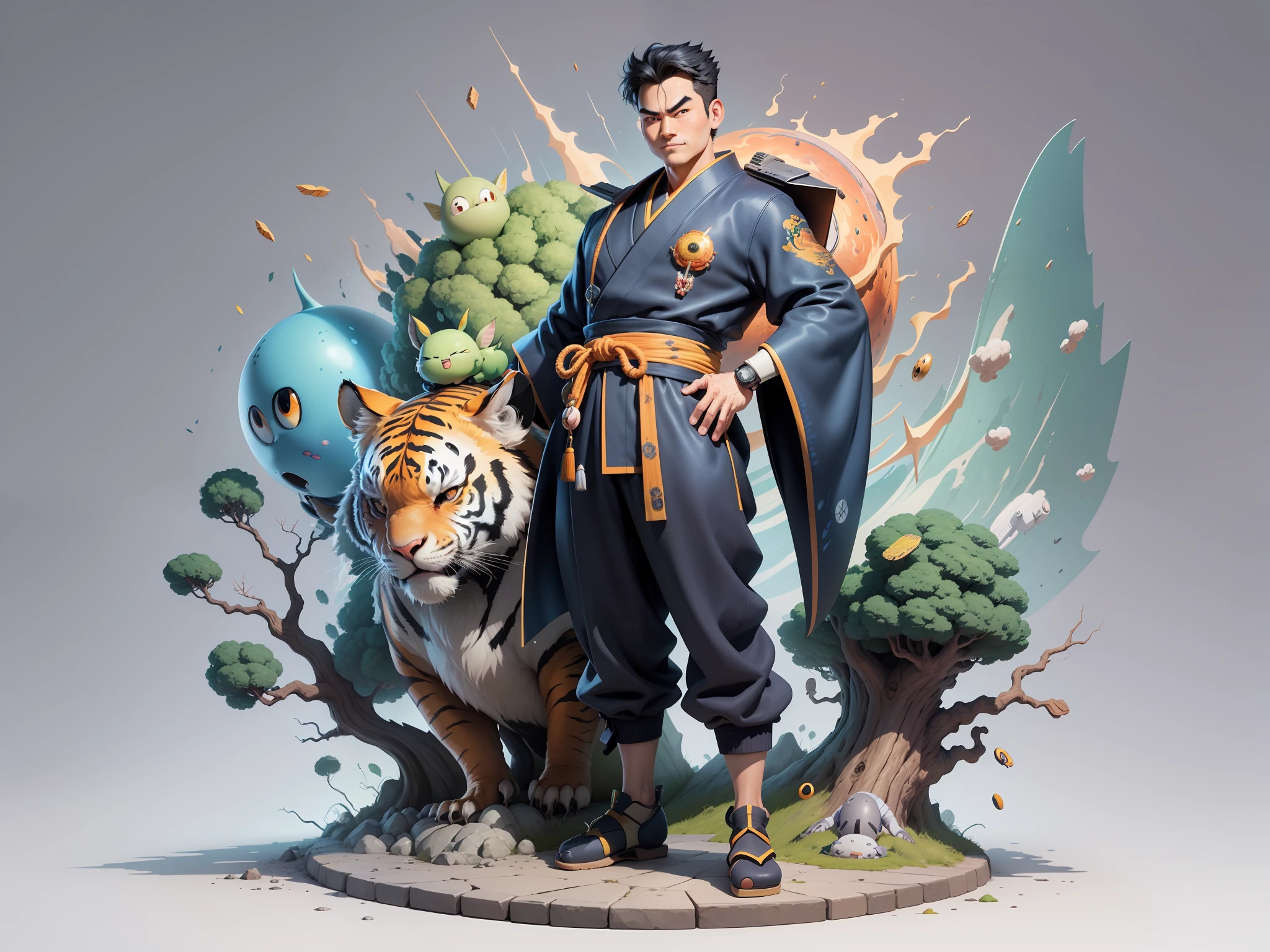 (Masterpiece), (Excellent), (Super Meticulous), (Full Body: 1.2), Super Young Man, Oriental Face, Japanese Kimono, Japanese Wind Thunder God, Dragon, Tiger, TV Anchor, Bust Portrait Illustration, Alone, Black Suit, Blue Tie, Slightly Chubby Face, Very Clean Face, No Beard, Black Super Short Hair, Black Eyes, Confident Smile, 3c Computer Sub-Products, iPad, iPhone, Digital Painting, 3D Character Design by Akira Toriyama and Mark Claireden and Pixar and Hayao Miyazaki, The illustration is a high-definition illustration in 4K resolution with very detailed facial features and cartoon-style visuals.