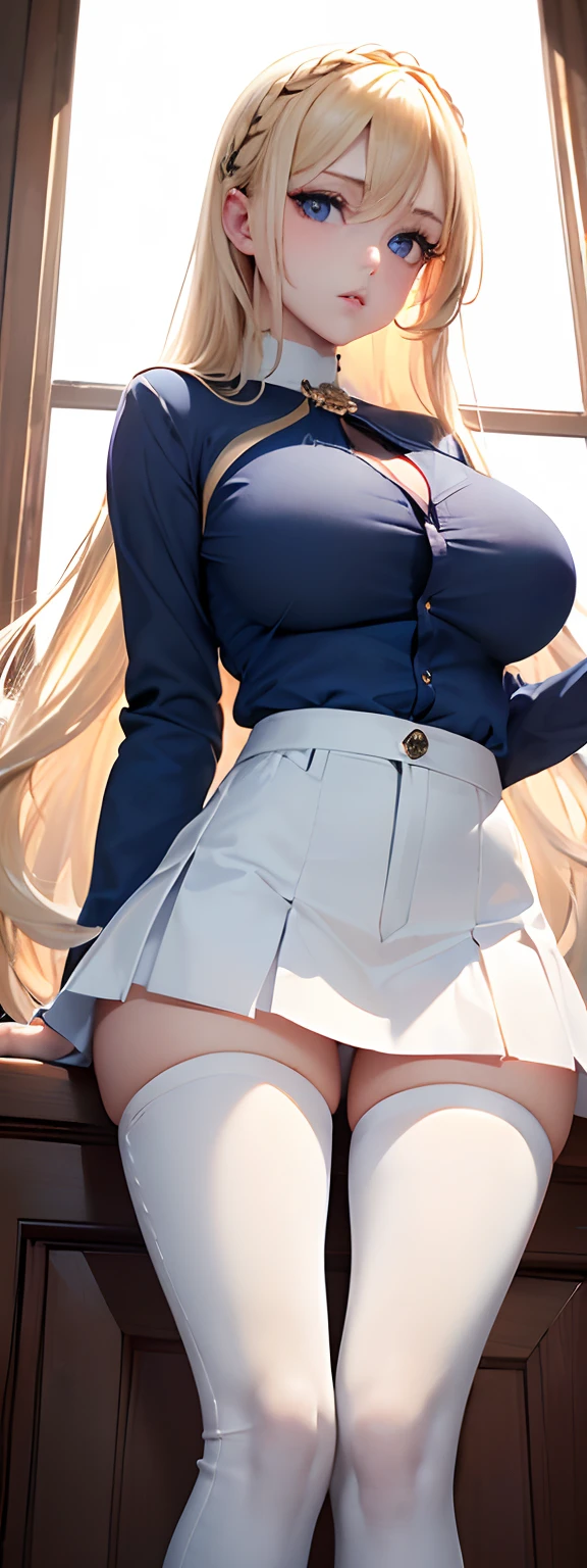 1girll, NSFW, Masterpiece, Best quality, Slim girl with hourglass body and huge breasts, Solo, pretty, Cute, ((cabellos largos dorados, blond hairbl, Long hair, Indigo highlights)), indigo blue eyes, Detailed eyes, Beautiful eyes, Delicate eyes, ((Hours glass... Lift your skirt up in front of your hands,White white pants