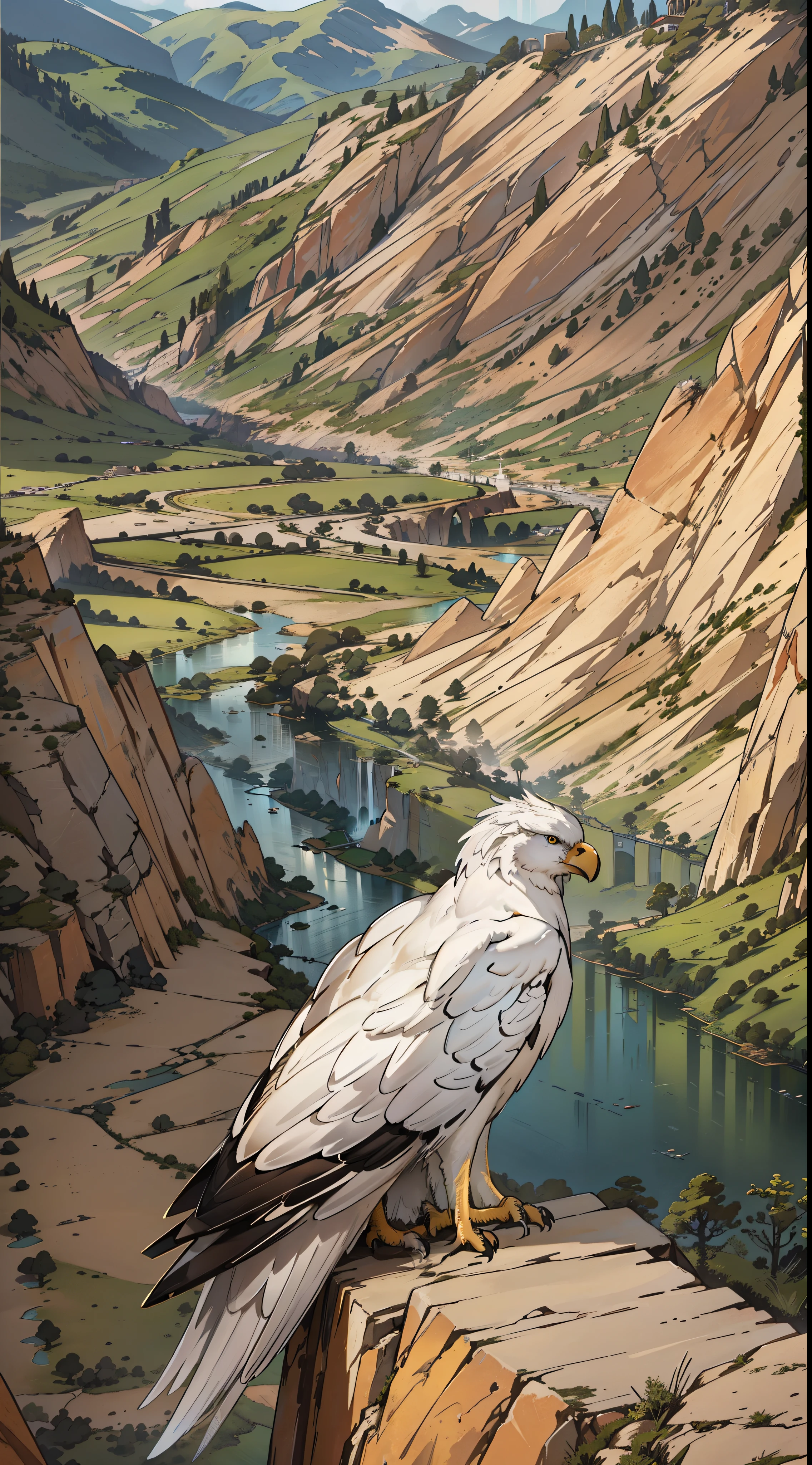 "three sided view, Majestic and awe-inspiring, a solitary big white eagle with a mesmerizing elongated tail perched on a rugged cliff, overlooking the dusty road in the valley below."