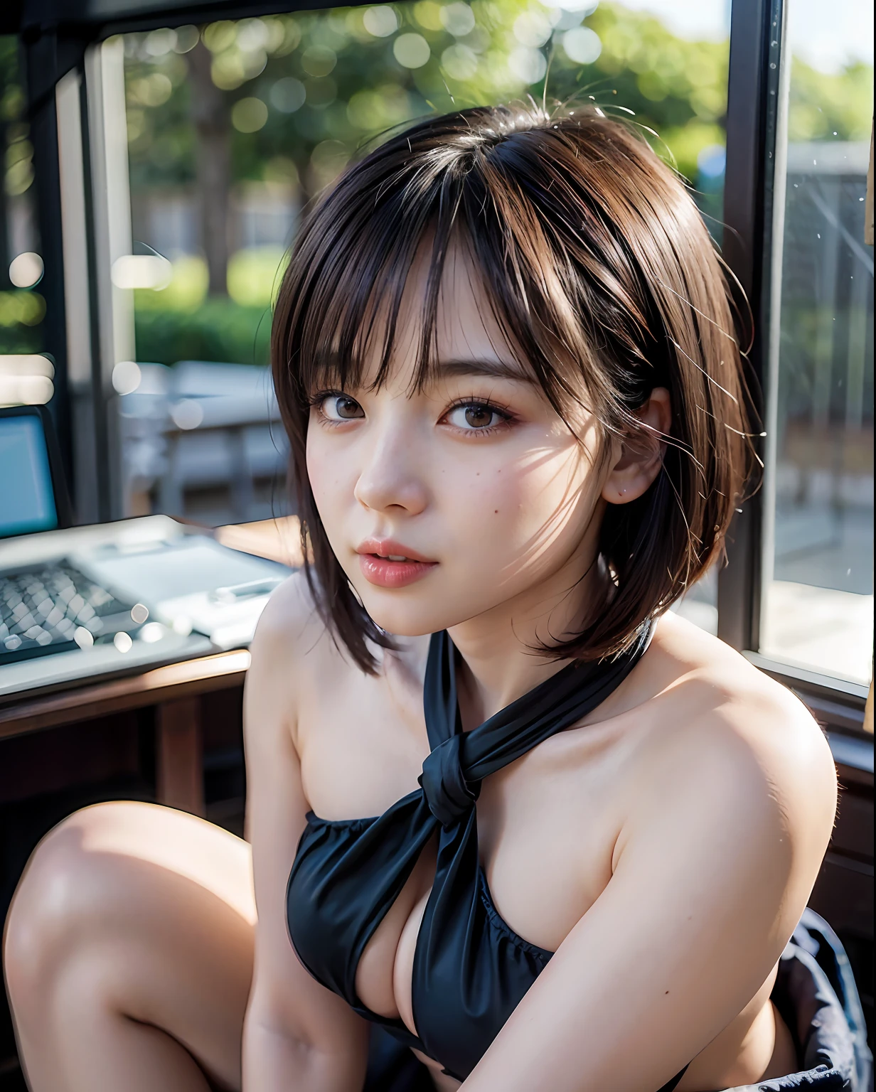 Beautiful photorealistic military officer schoolgirl, Super thick and curvaceous plump girl, Bangs Bob Hairstyle Short Black Hair, 18 years old SFW sexy bimbo lip thighs, hyperrealism ray tracing perfect lighting perfect body perfect face realistic facial features detailed backgrounds detailed outfits detailed facial features realistic environments complex detailed vector photos masterpiece cute super cute, trending on pixiv, tokyo prefecture, Snow-white skin, Hyperrealism in trend,slightly larger breasts