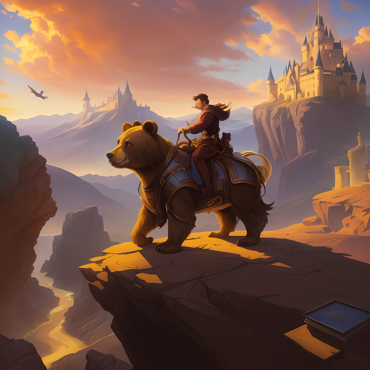 A man riding a bear on a cliff with a castle in the background, inspired by the Hildebrandt brothers, inspired by Tim and Greg Hildebrandt, wojtek fus, inspired by the Hildebrandt brothers, inspired by Johannes Helgeson, inspired by Tim Hildebrandt, fantasy rpg book illustration, Johannes Helgeson, key art, fantasy art behance