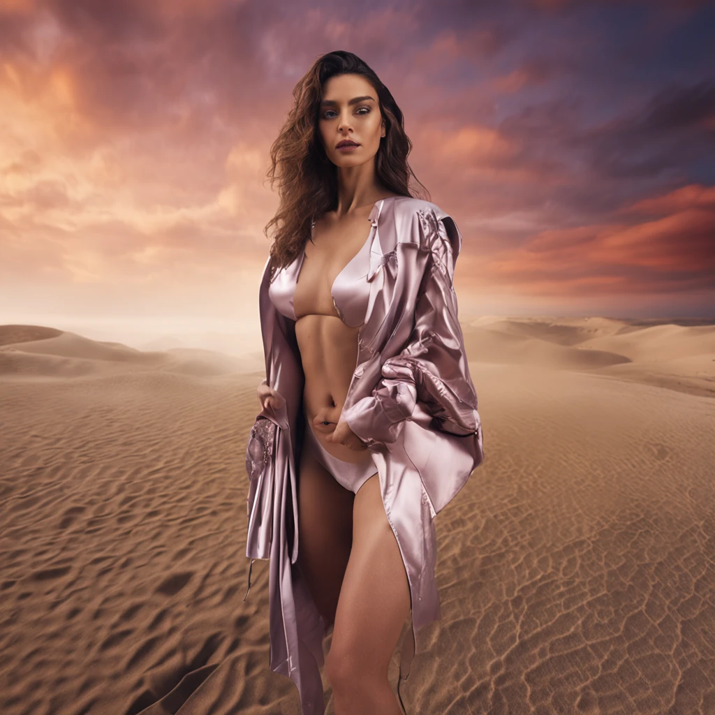 Wide Premium Portrait Photography of a 25-year-old Turkish Model named Leyla, smoky-eyed gaze, Brown Brunette hair, Olive beige skin tone, Fashion designer, Wearing a futuristic NeoMorph Bodysuit, Hand-painted High-definition Facial Features, WLOP, In Different Poses, Cloudy Lighting, Razumov Konstantin, Vladimir Volegov, Award-winning photograph, Wide-Angle Full Shot, Captured by Agfa Vista 200