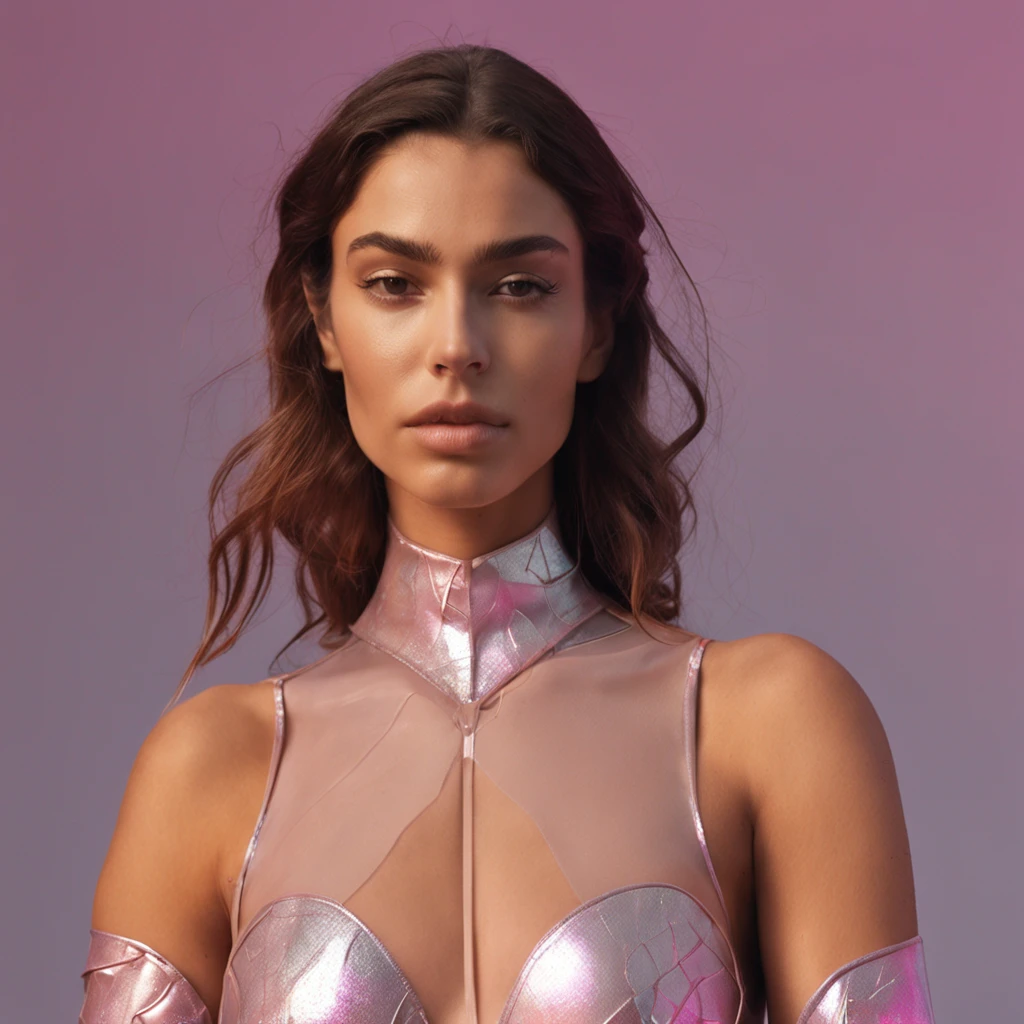 Wide Premium Portrait Photography of a 25-year-old Turkish Model named Leyla, smoky-eyed gaze, Brown Brunette hair, Olive beige skin tone, Fashion designer, Wearing a futuristic NeoMorph Bodysuit, Hand-painted High-definition Facial Features, WLOP, In Different Poses, Cloudy Lighting, Razumov Konstantin, Vladimir Volegov, Award-winning photograph, Wide-Angle Full Shot, Captured by Agfa Vista 200