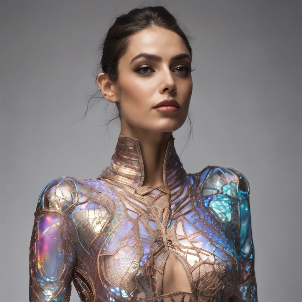 Wide Premium Portrait Photography of a 25-year-old Turkish Model named Leyla, smoky-eyed gaze, Brown Brunette hair, Olive beige skin tone, Fashion designer, Wearing a futuristic NeoMorph Bodysuit, Hand-painted High-definition Facial Features, WLOP, In Different Poses, Cloudy Lighting, Razumov Konstantin, Vladimir Volegov, Award-winning photograph, Wide-Angle Full Shot, Captured by Agfa Vista 200