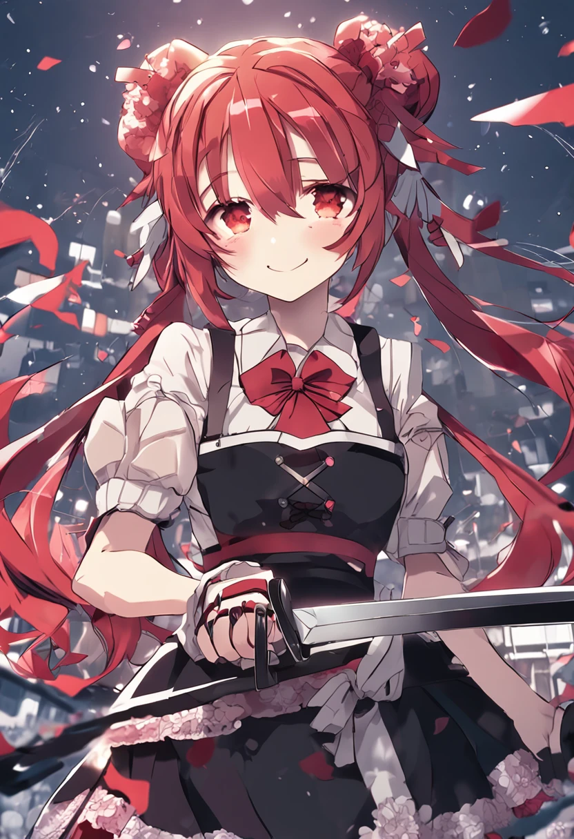 The unpleasant smile of a girl who loves Japanese swords in a maid café、Niygley holds a Japanese sword in one hand、Psychopaths are terrifying、Red-haired、teens girl、Japanese swords are good-looking