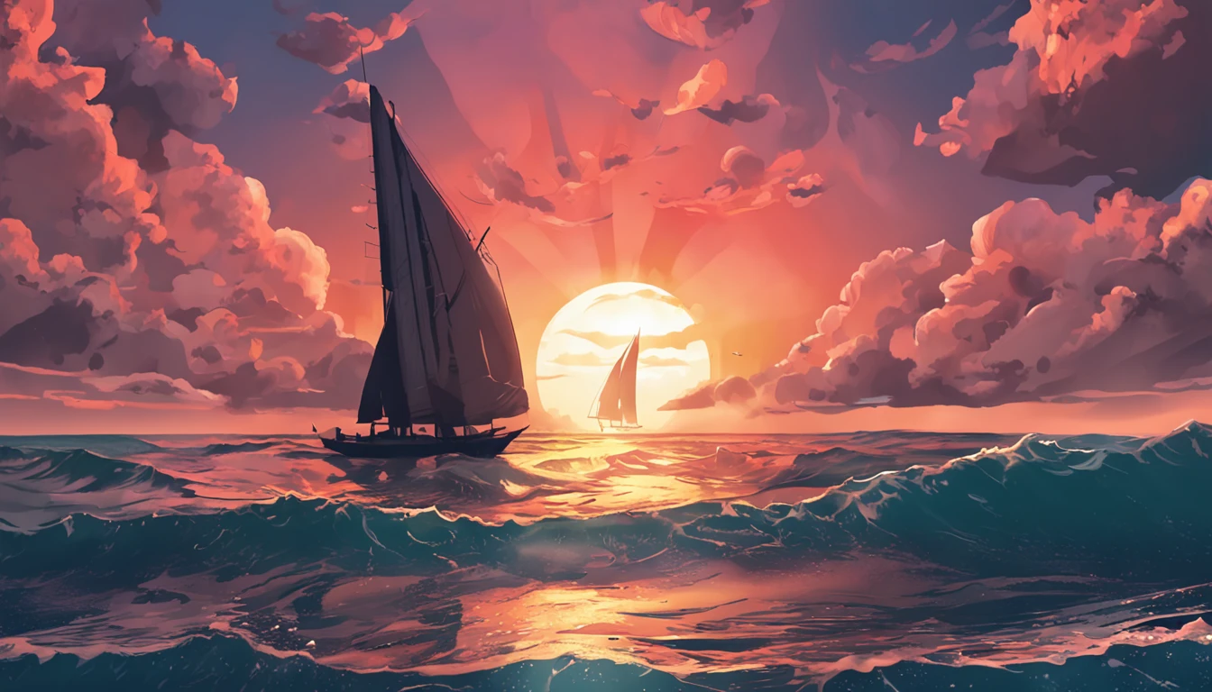 (((best quality))),(((ultra detailed))),(((masterpiece))),illustration,wide ocean,sunrise,symbol of possibility,new beginning