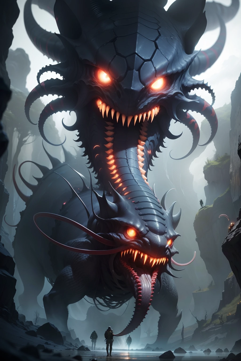 "Unfathomable Abyss": A team of researchers exploring underground caves discovers a colossal creature, with gleaming eyes and tentacles extending to capture its prey.