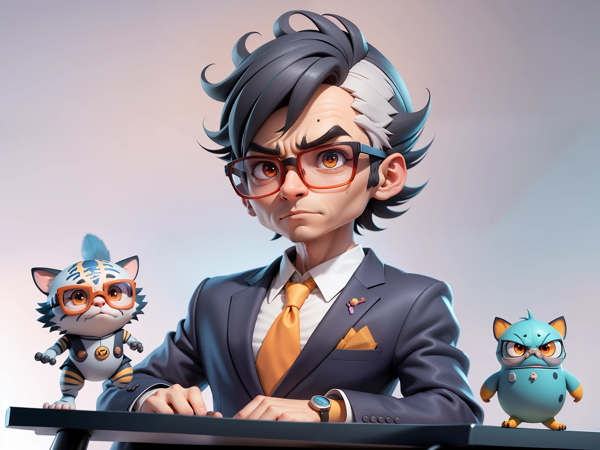 A young man in a suit, Short hair and glasses sat at his desk,holding laptop,digitial painting,tigre,3D character design by Mark Clairen and Pixar and Hayao Miyazaki and Akira Toriyama,4K HD illustration,Very detailed facial features and cartoon-style visuals。