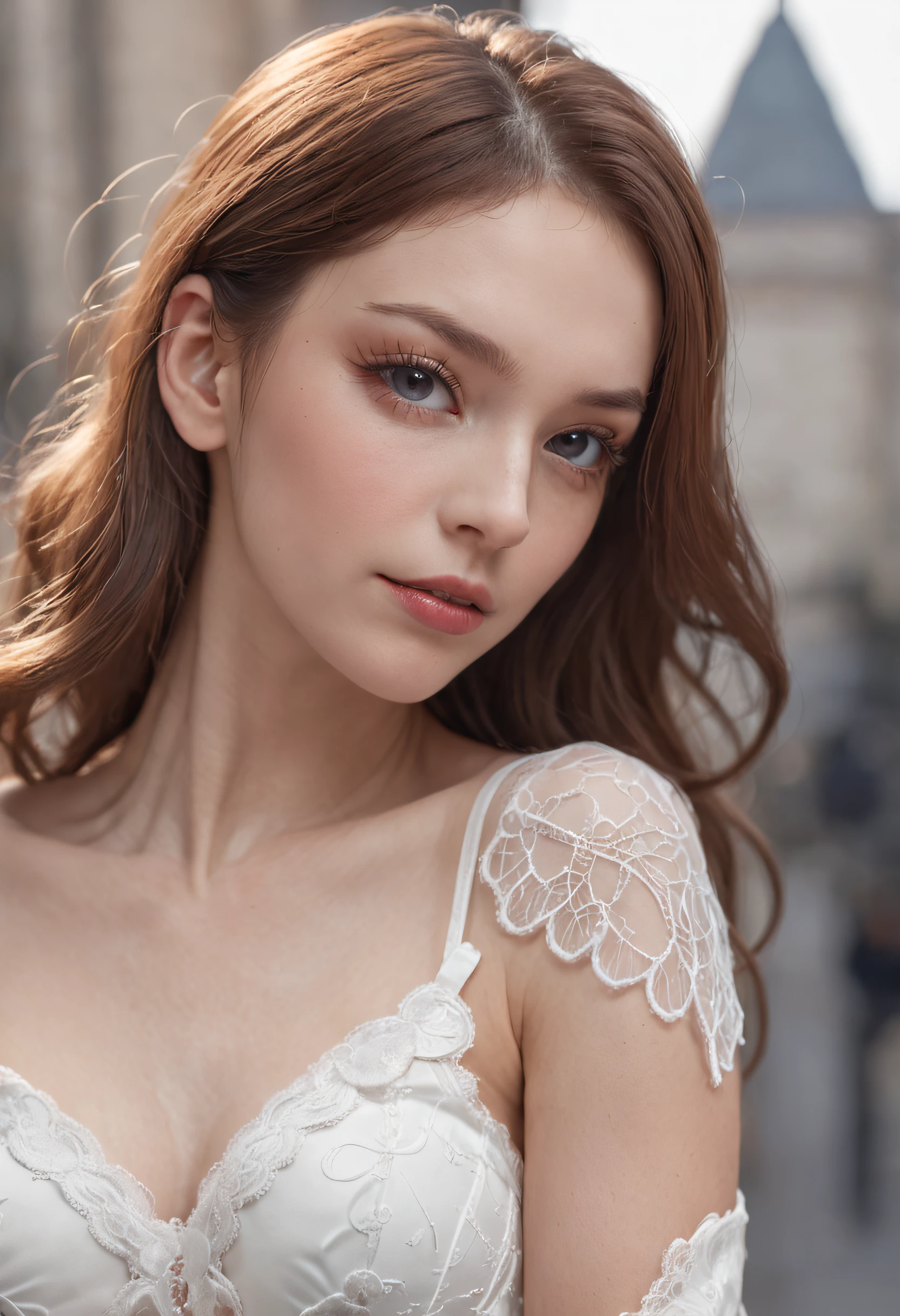 A girl,Wearing a gummy white Spider-Man dress,Stand on the roof of the city,Exquisite facial features,A seductive pose,Lace pleated skirt,White stockings with lace,A large glowing Spider-Man mark on his chest,cabellos largos dorados,Blue glowing pupils,