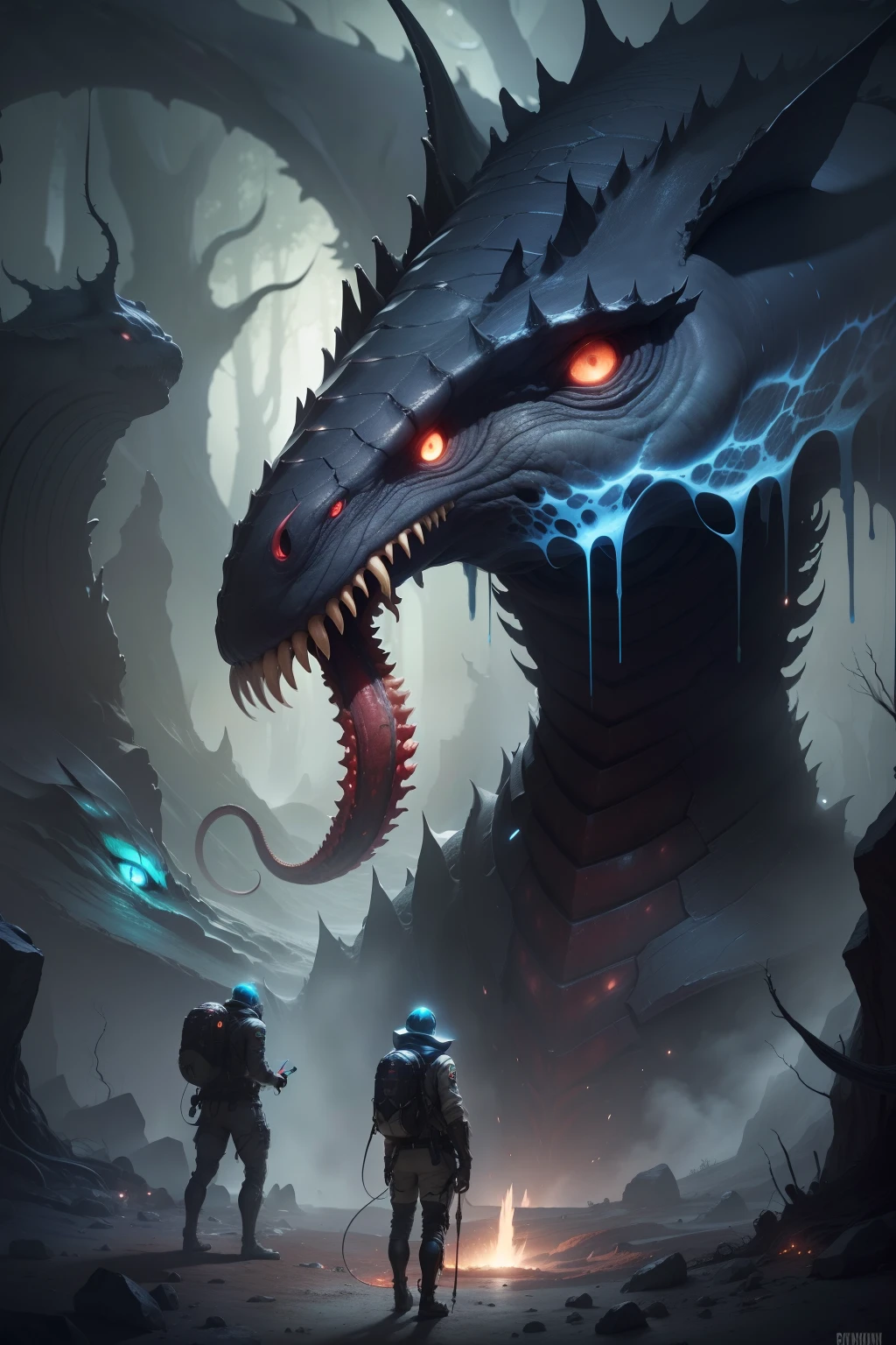 "Unfathomable Abyss": A team of researchers exploring underground caves discovers a colossal creature, with gleaming eyes and tentacles extending to capture its prey.