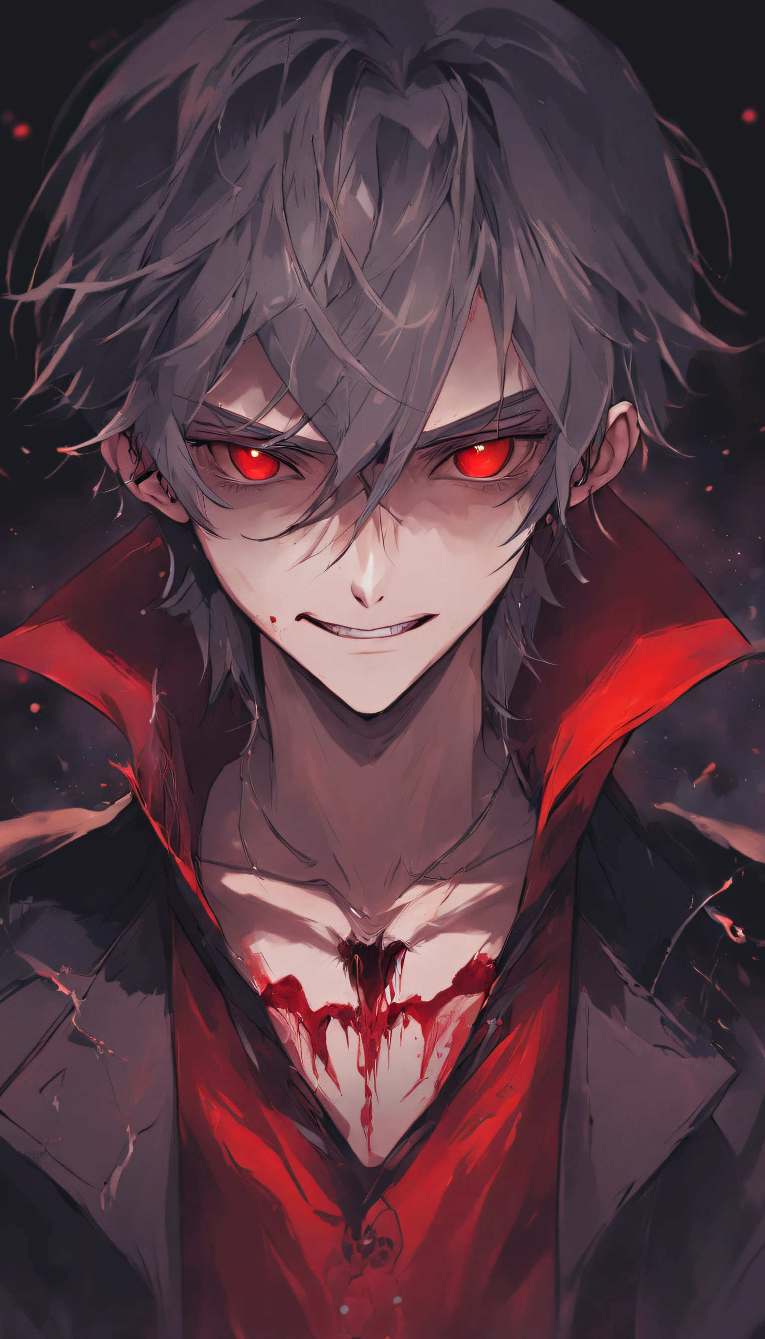 Handsome vampire teenager，closeup cleavage，head portrait，Open your mouth，the bats，long canine teeth，There is blood on the teeth，long whitr hair，（blood stains at the corners of the mouth：1.4），Blood，depth of fields，dynamic blur，high light，Real light，Ray traching，oc rendered，Hyper-realistic，best qualtiy，8K，Works of masters，super-fine，Detailed pubic hair，Correct anatomy，sharp focus on eyes，Bokeh，Facial features are carefully depicted