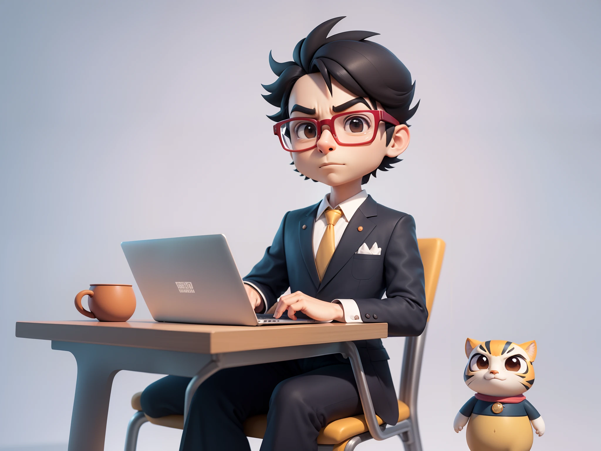 A young man in a suit, Short hair and glasses sat at his desk，holding laptop，digitial painting，tigre，3D character design by Mark Clairen and Pixar and Hayao Miyazaki and Akira Toriyama，4K HD illustration，Very detailed facial features and cartoon-style visuals。