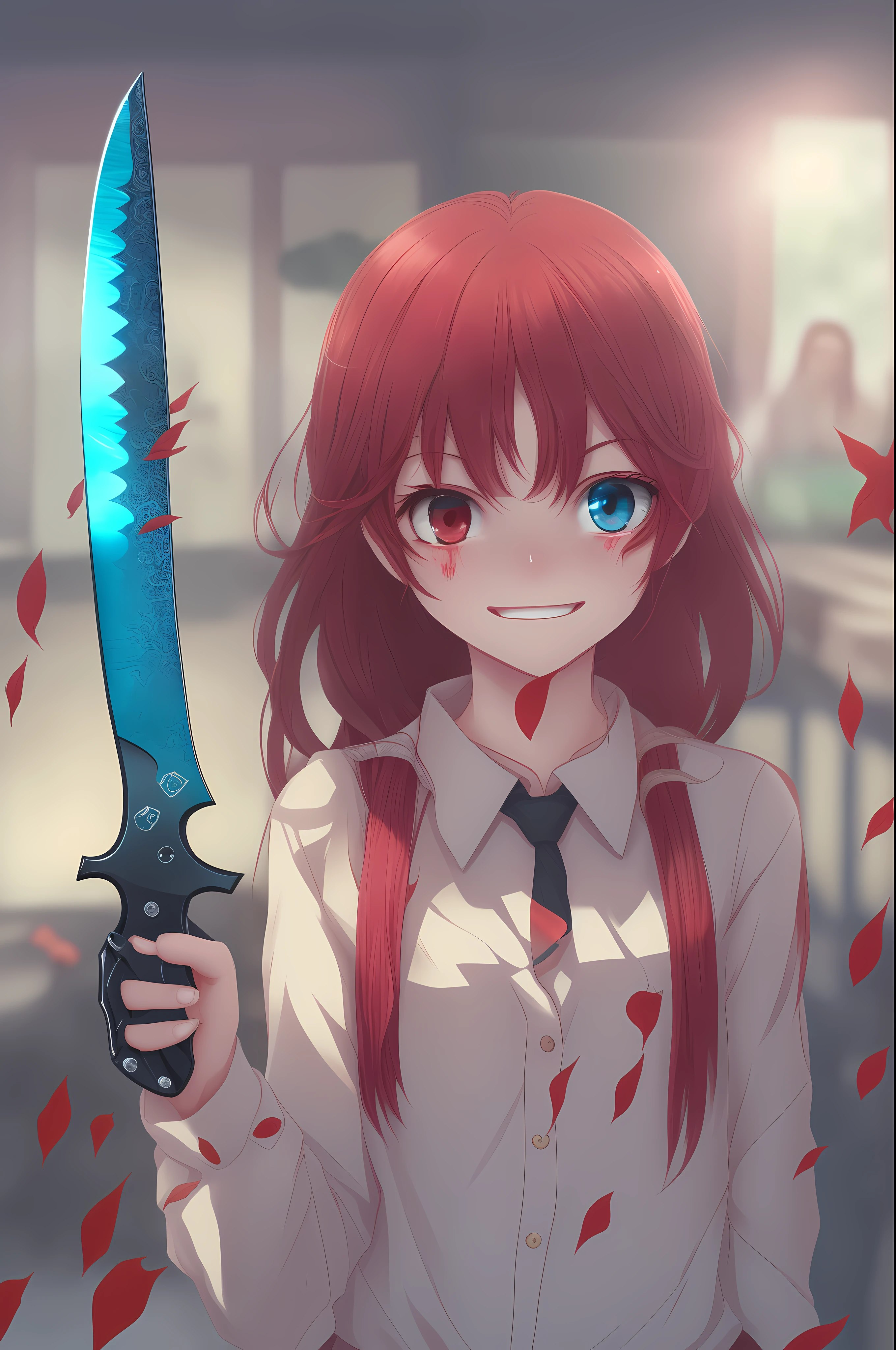 Unpleasant smile of a girl who loves knives in a school classroom、Niccoli holding a survival knife in one hand、Psychopath horror、Red-haired、Eye color is blue