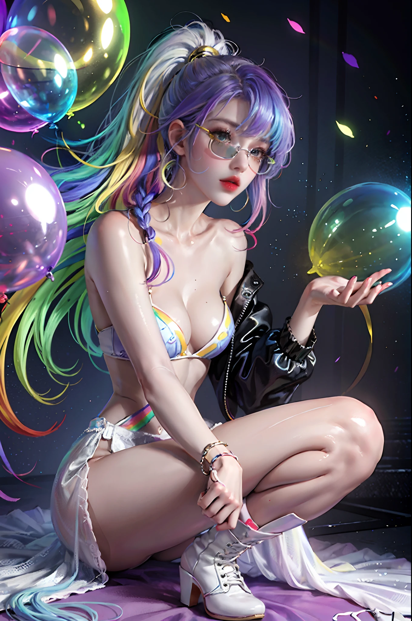 masterpiece, best quality, 1 girl, pretty and cute, (rainbow color Highlight Hair,colorful hair:1.4), wearing blue and purple sunglasses, yellow jacket with white pattern, white sweater, many colored balloons, doll face, ponytail braid, perfect detail eyes, delicate face, perfect cg, HD quality, colored balloons, sky ,black boots