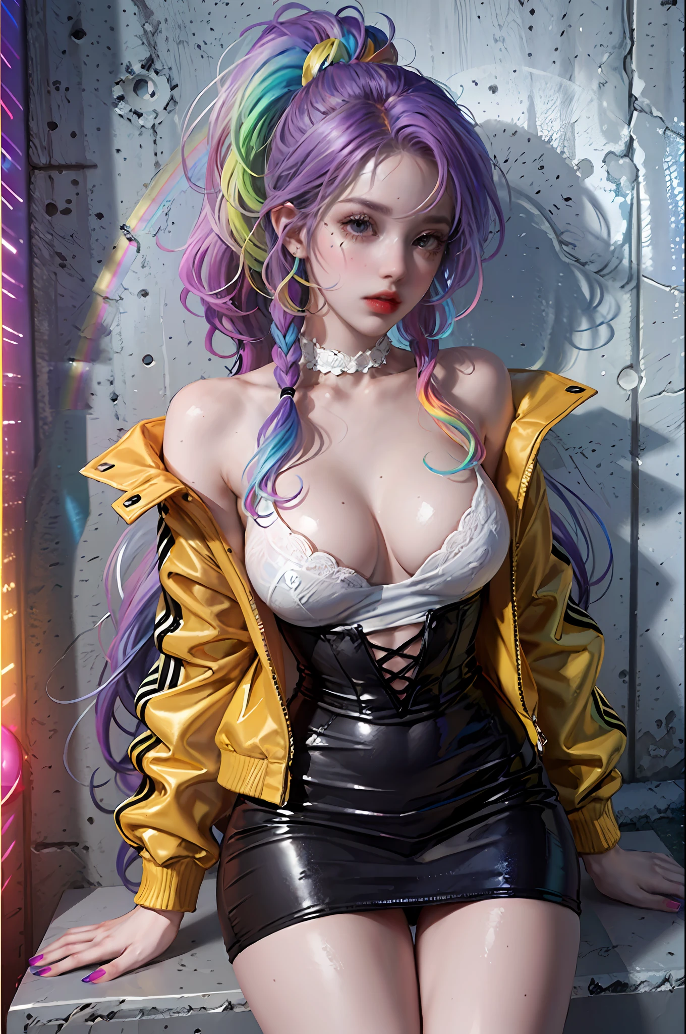 masterpiece, best quality, 1 girl, pretty and cute, (rainbow color Highlight Hair,colorful hair:1.4), wearing blue and purple sunglasses, yellow jacket with white pattern, white sweater, many colored balloons, doll face, ponytail braid, perfect detail eyes, delicate face, perfect cg, HD quality, colored balloons, sky ,black boots