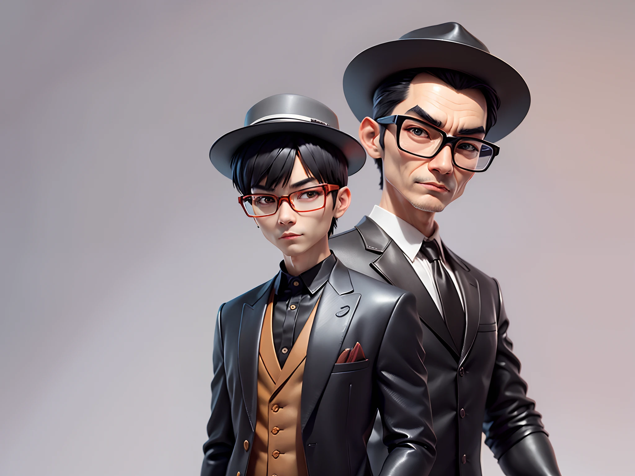 Young man with oriental face in leather hat, tiger, oriental face in formal suit, short black hair, silver glasses, digital painting, 3D character design by Mark Clairedon and Pixar and Hayao Miyazaki and Akira Toriyama, the illustration is a high-definition illustration in 4K resolution with very detailed facial features and cartoon-style visuals.