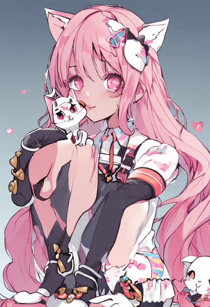 long pink  hair，Double ponytail slightly curly，White cat ears，Broken hair curtains，Pink and white cat's paw gloves are worn on his hands，Short sailor suit in white and blue，short  skirt，White over the knee，There are cat motifs on socks and stockings，Sitting on the ground selling cute，Pink eyes，