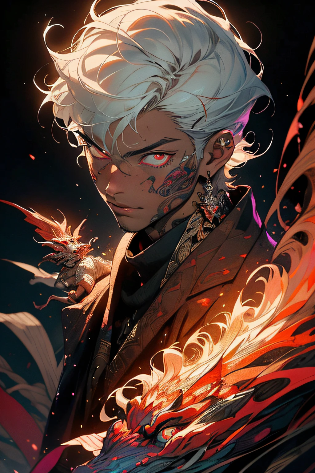 Realistic, (Masterpiece, Top Quality, Best Quality, Official Art, Beauty and Aesthetics: 1.2), Very Detailed, Fractal Art, Colorful, Most Detailed, Zentangle, (Abstract Background: 1.5) (1boy: 1.3), God, White Hair, Short Hair, (Glowing Red Eyes), Mysterious, (Magic), Ice, Handsome Man, Egyptian Style