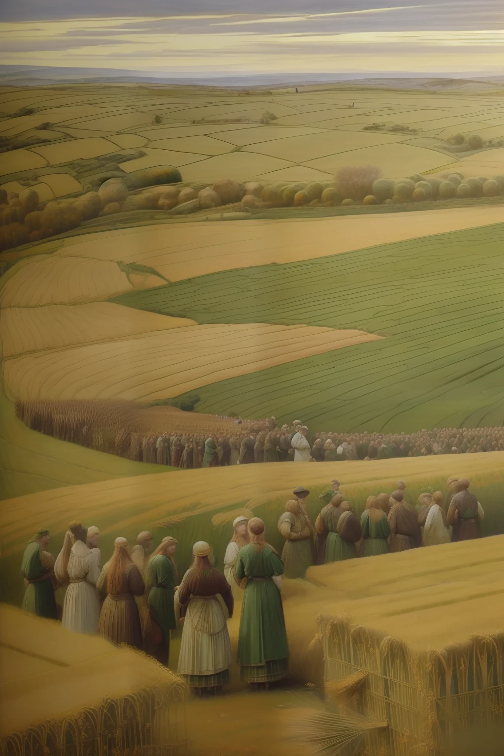 (((Celtic Pre-Raphaelite painting of crowd and crowd working in field, wheat harvest, many people, Celtic peasants, autumn, Wheat field, harvest, Wheat field)))