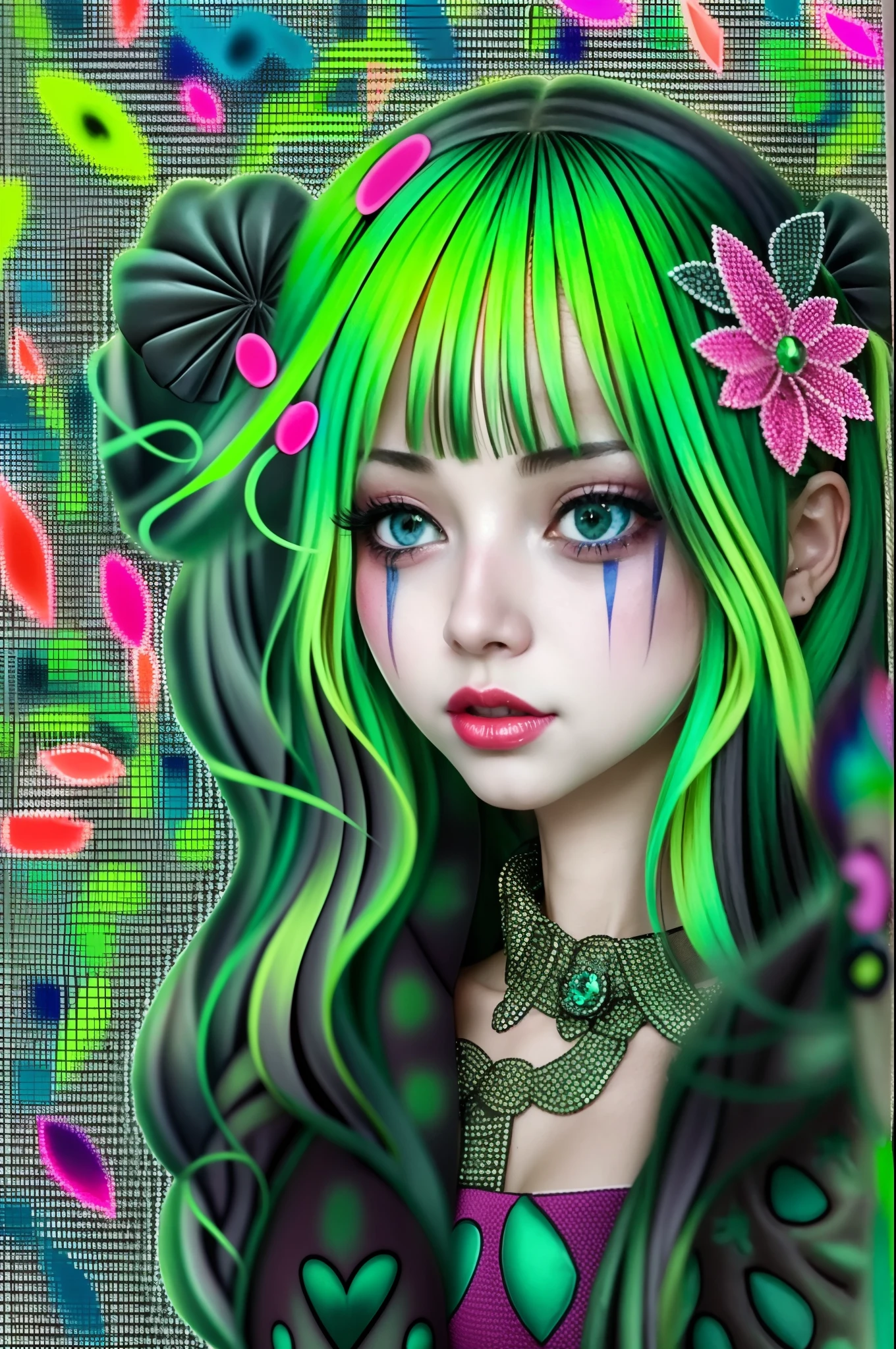 En un hermoso parque una mujer de aspecto moderno. It has a very colorful and striking kawaii gothic style.., con un maquillaje elegante y una peluca colorida.