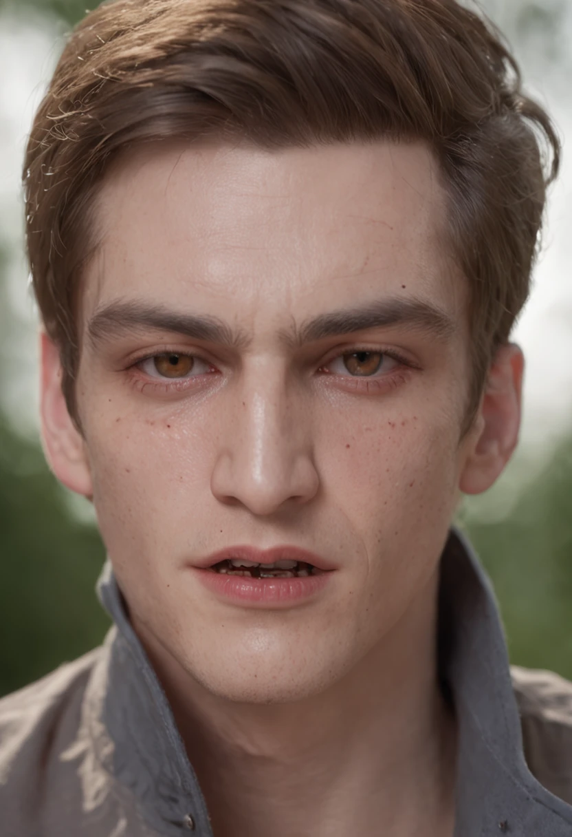 of a real,Hyper-realistic,Realistic skin texture,Handsome vampire teenager,(male people:1.4),closeup cleavage,head portrait,(Open your mouth:1.4),the bats,(long canine teeth:1.4),There is blood on the teeth,long whitr hair,(blood stains at the corners of the mouth:1.4),Blood,depth of fields,dynamic blur,high light,Real light,Ray traching,oc rendered,Hyper-realistic,best qualtiy,8K,Works of masters,super-fine,Detailed pubic hair,Correct anatomy,sharp focus on eyes,Bokeh,Facial features are carefully depicted