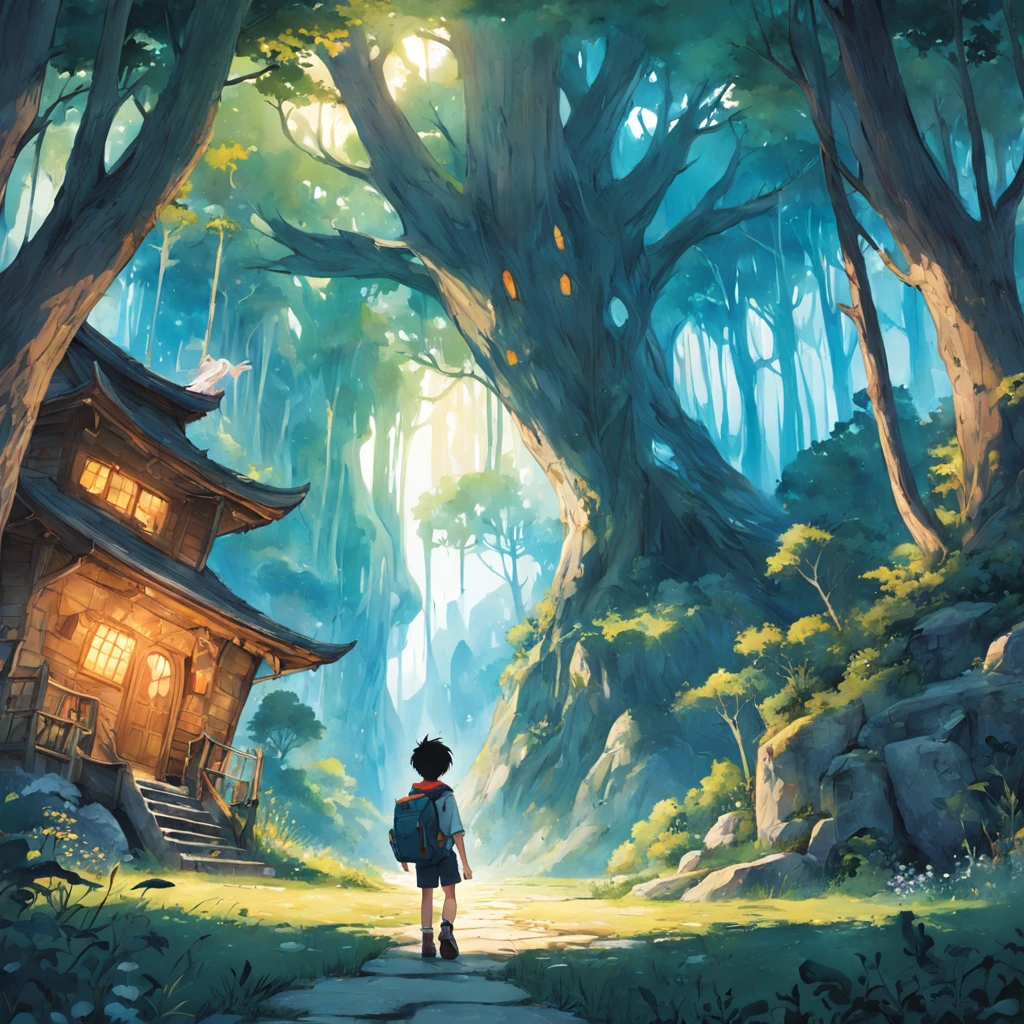 create an adventurous autistic boy, children's book illustration style, who decides to start a journal to record his amazing discoveries. He receives a magical invitation to visit the Land of Dreams, a place full of incredible landscapes and magical creatures. With his backpack and a map, Lucas sets out on his journey, meeting unexpected friends along the way.