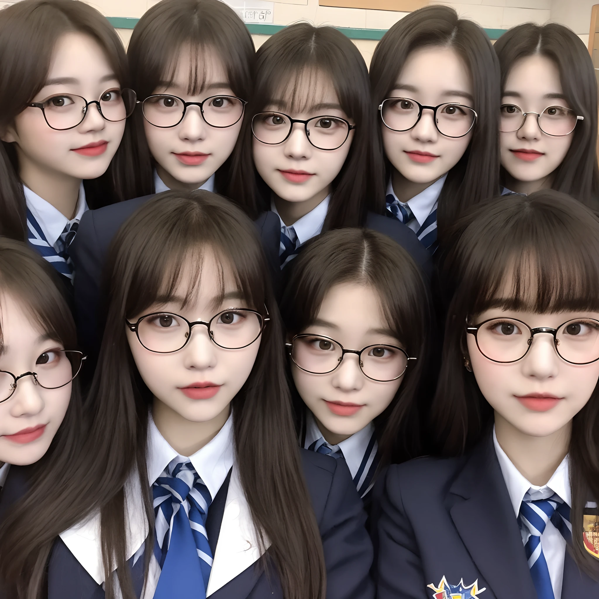 korean female,With Four of a Kind, in a high school uniform, with glasses on