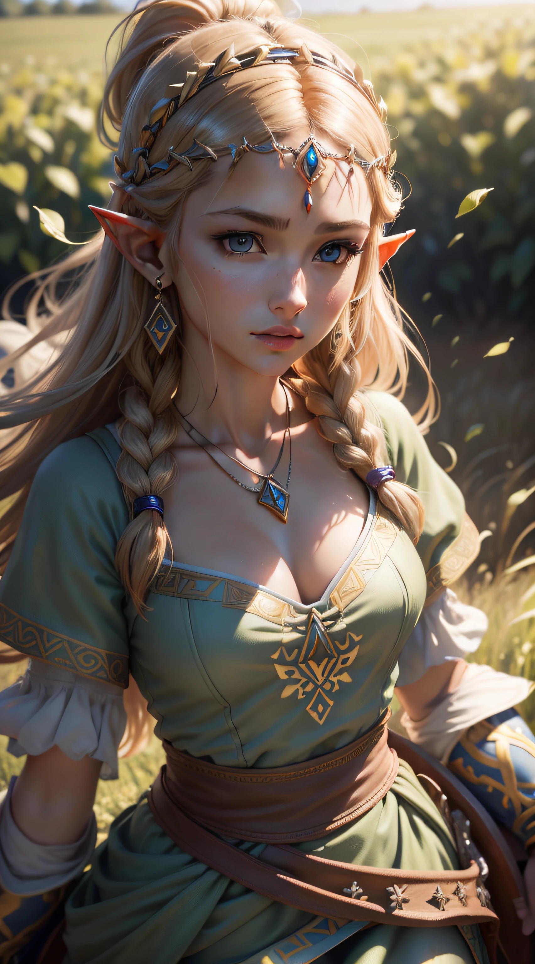 Close-up of Princess Zelda standing in the field with necklace on her forehead, Zelda ,beautiful detailed glow, detailed, Cinematic light, intricate detail, highres, detailed facial features, high detail, sharp focus, smooth cinematic light, intricate details, high resolution, Detailed facial features, high detail, sharp focus, smooth, aesthetic, very detailed, stamps, octane rendering, insanly high detail, ultra high quality, real life realistic, ultra realistic, masterpiece, 8K, ray tracing, errotic, nsfw